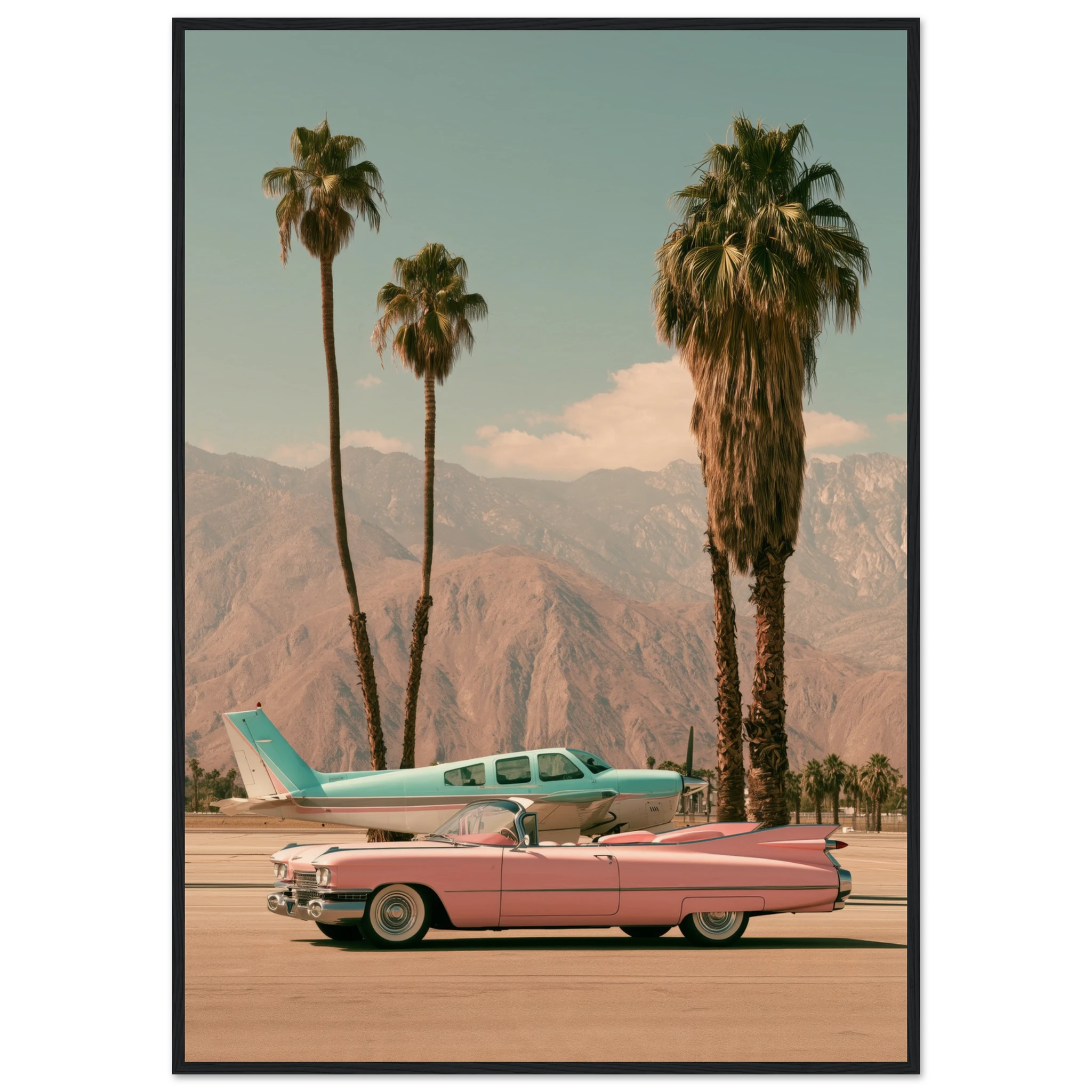 pink cadillac wall art: Pink Cadillac convertible and turquoise vintage plane on a Palm Springs runway with palm trees and mountains, framed print, view 12