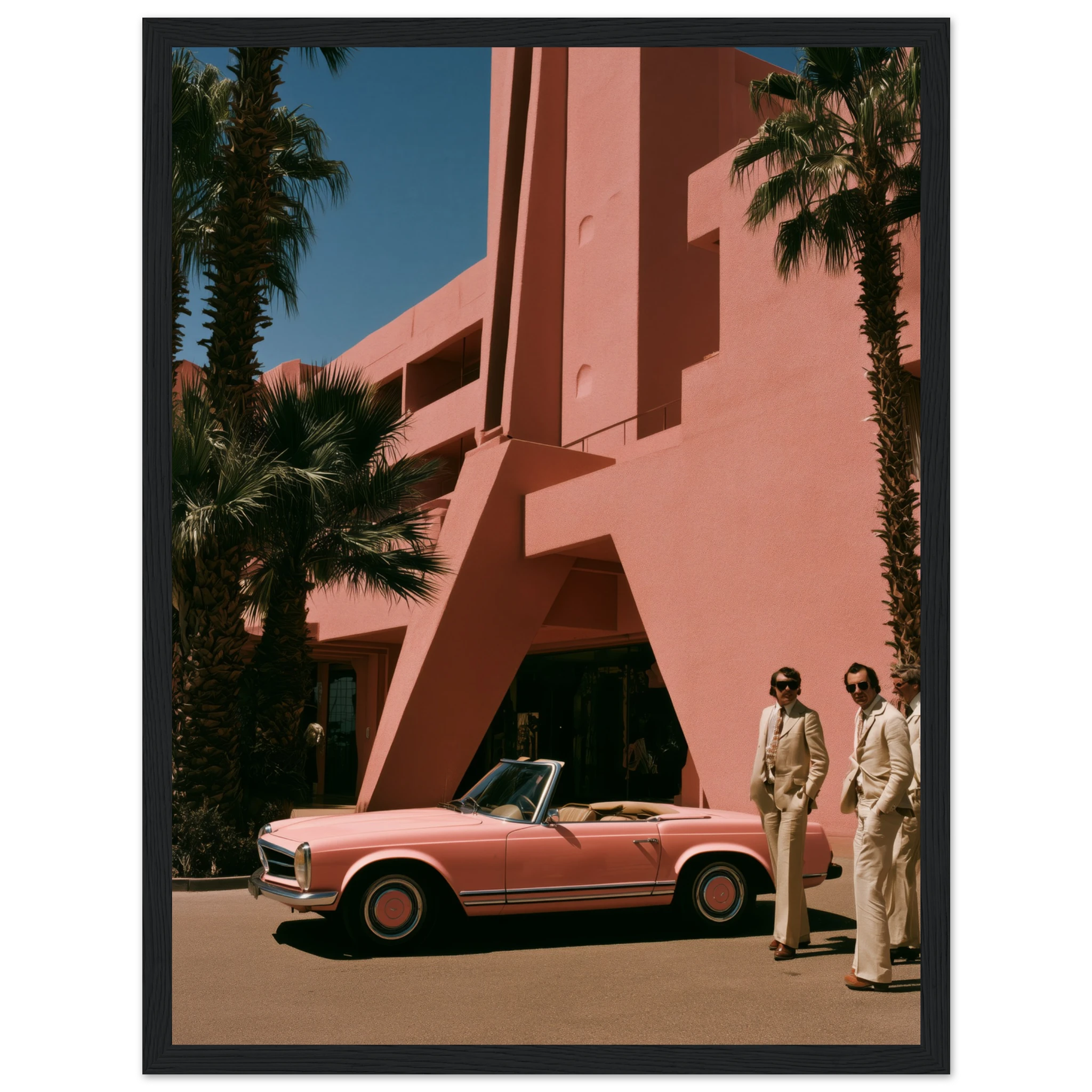 pink mercedes wall art: Pink Mercedes Pagoda outside a blush Palm Springs hotel, framed print, view 5
