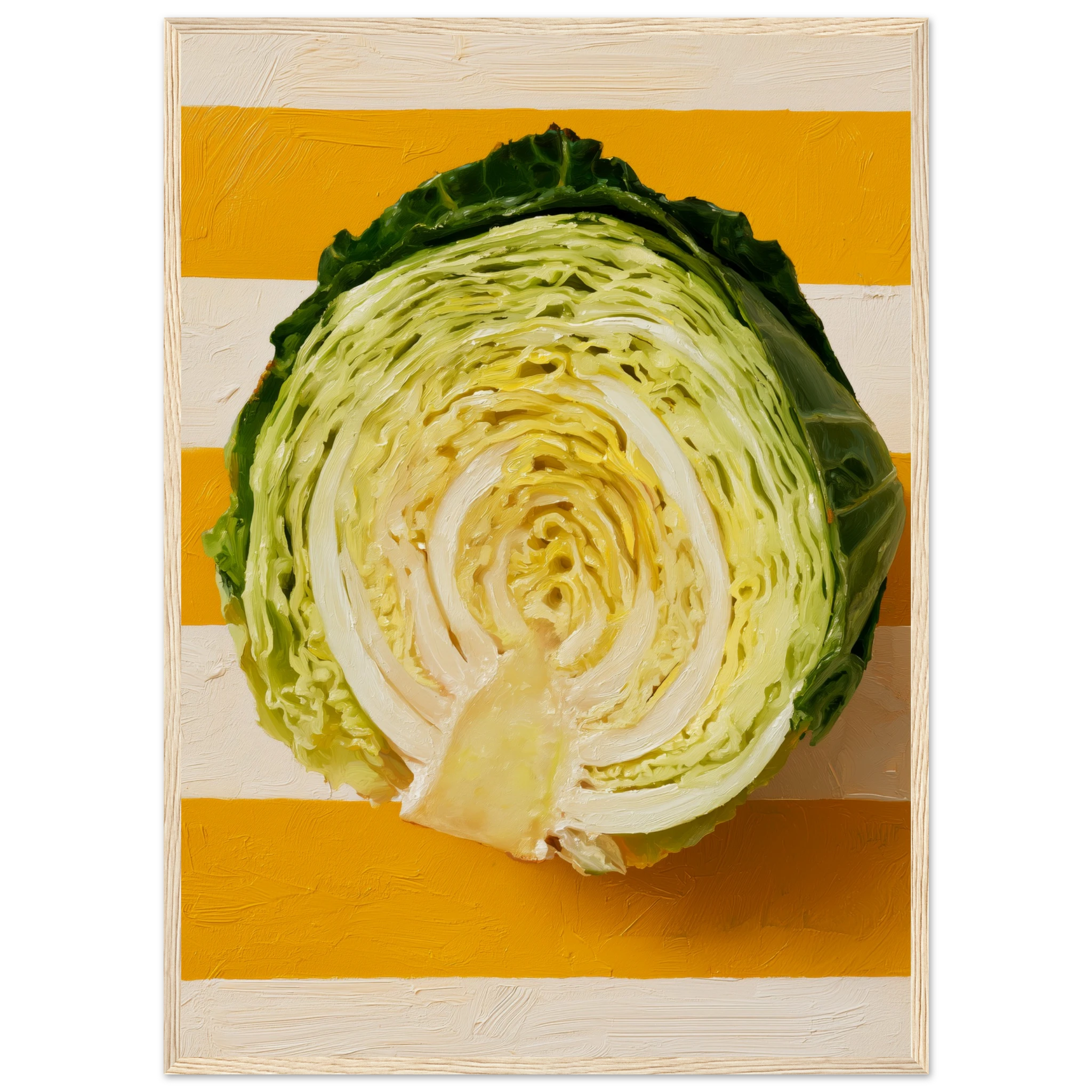 Cabbage on Saffron Stripes framed print, kitchen wall art on saffron and cream stripes