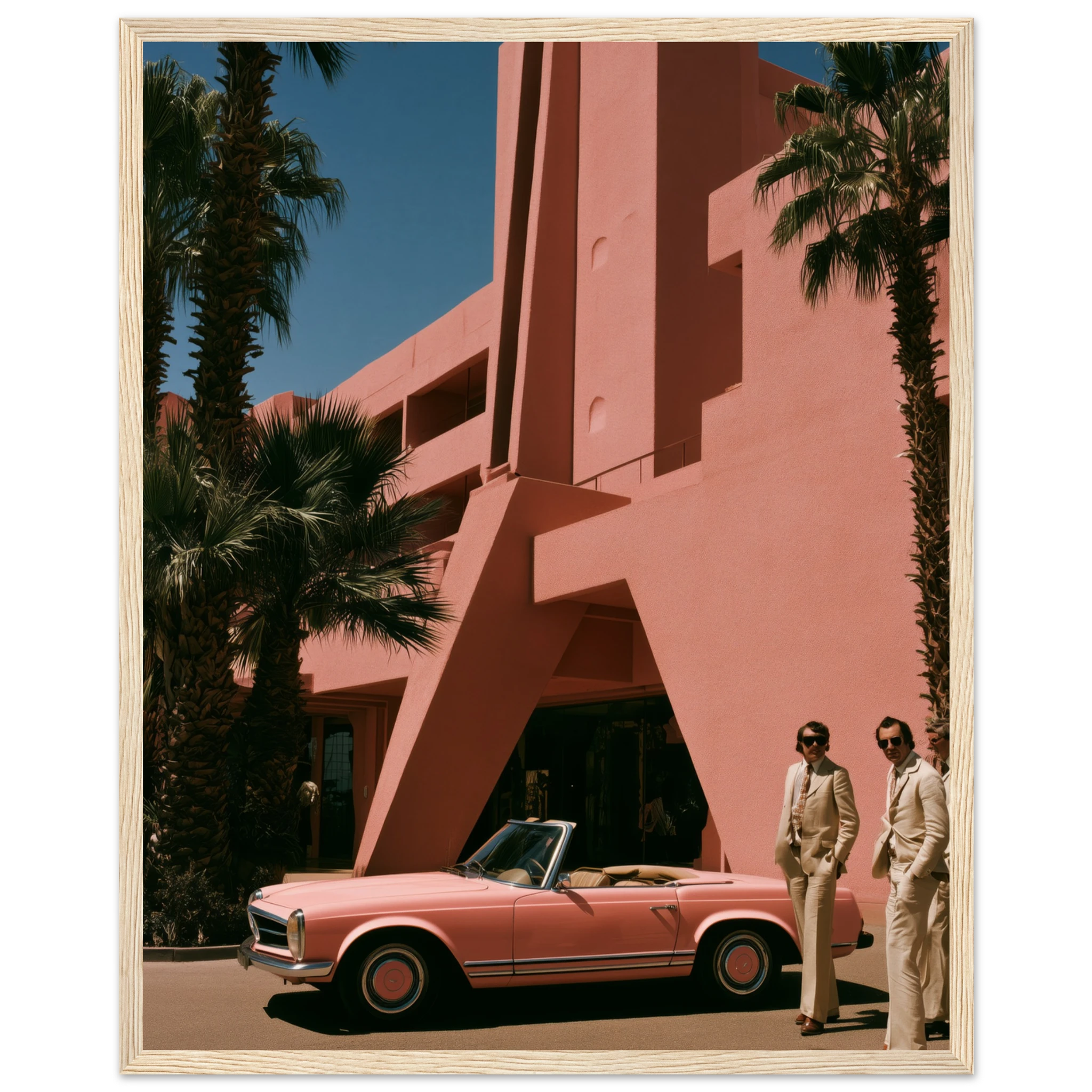 pink mercedes wall art: Pink Mercedes Pagoda outside a blush Palm Springs hotel, framed print, view 3