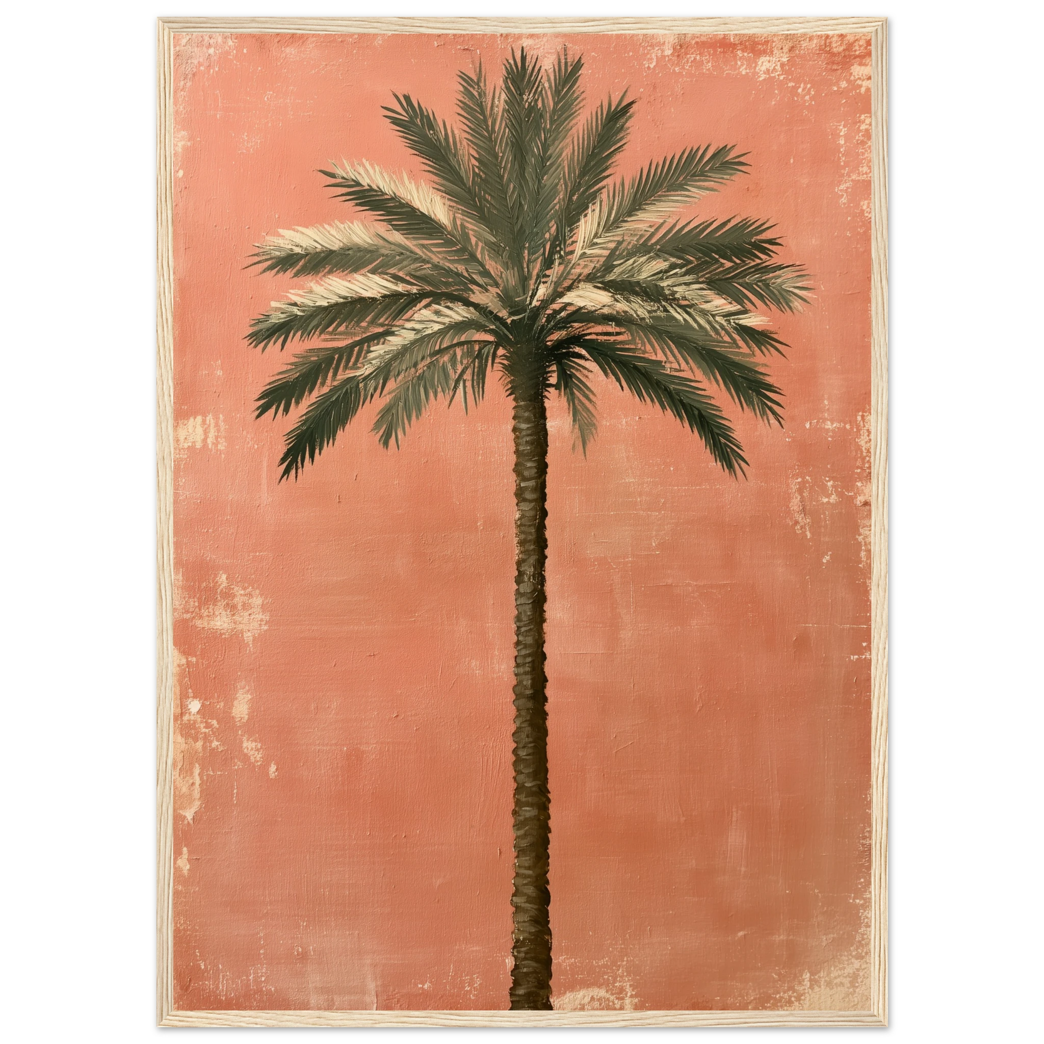 palm tree wall art: Single date palm tree painted on a weathered terracotta wall, framed print, view 3