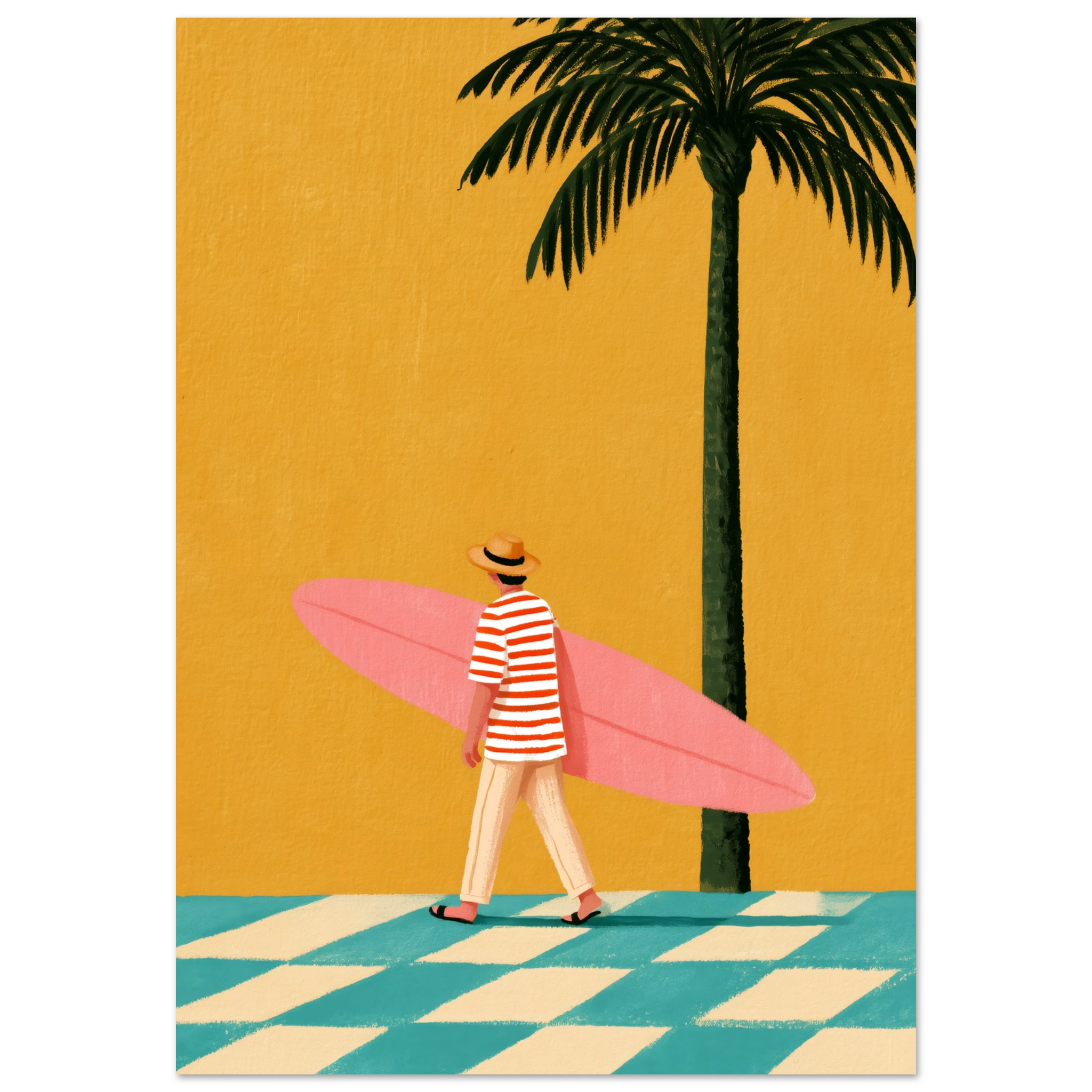 pink surfboard art print: a striped surfer carrying a pink surfboard beside a tall palm on a mustard background