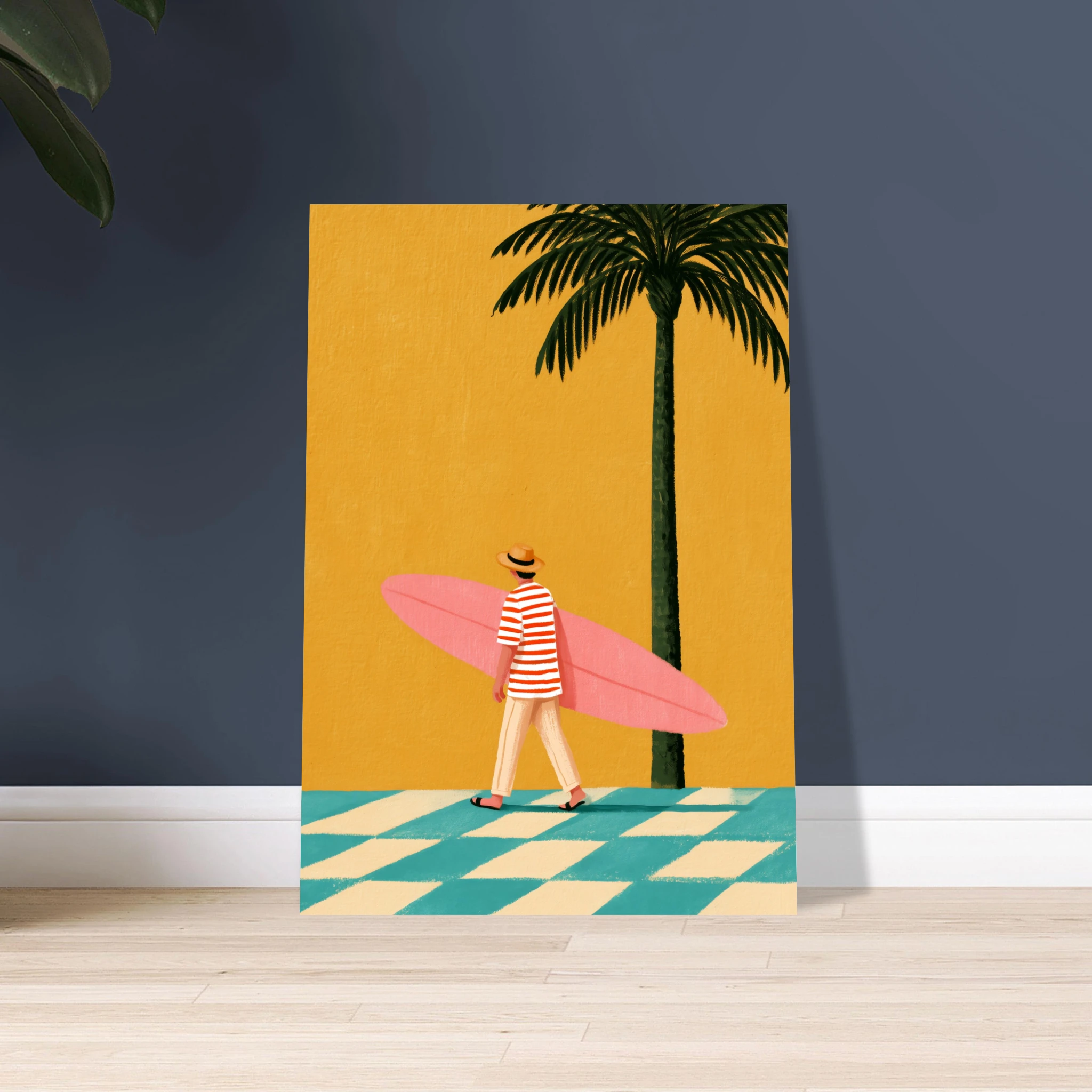 pink surfboard art print, a striped surfer carrying a pink surfboard beside a tall palm on a mustard background (view 5)