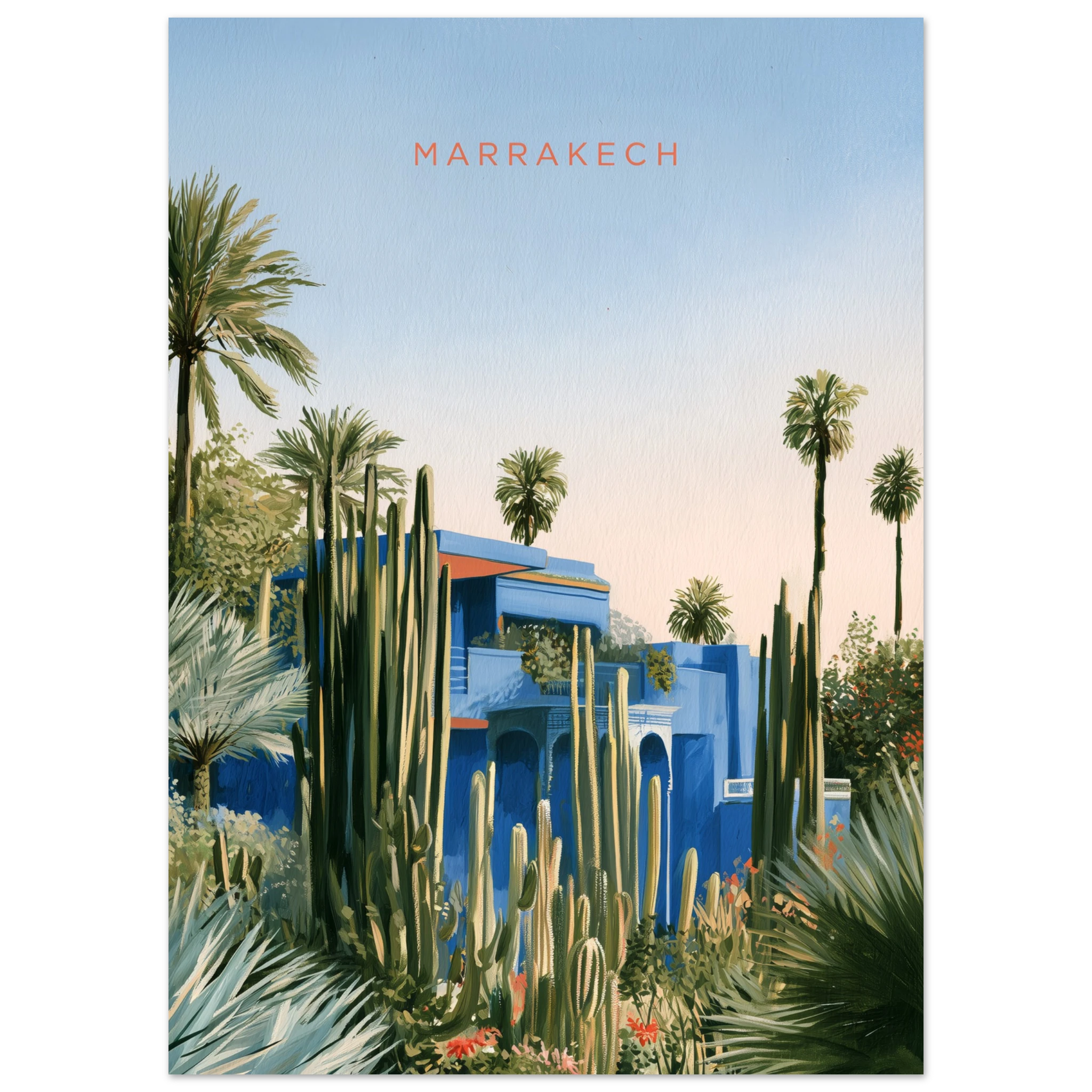 Majorelle Blue Marrakech matte art print, cobalt Majorelle villa with cacti and palms, Marrakech — interior mockup 2