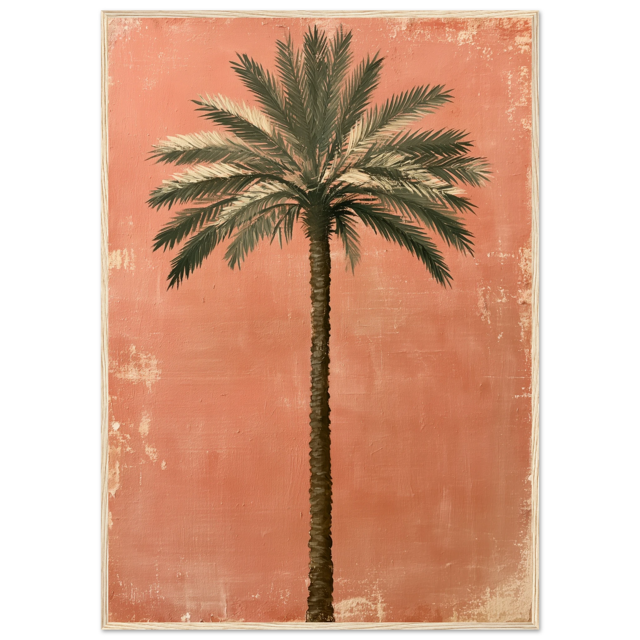 palm tree wall art: Single date palm tree painted on a weathered terracotta wall, framed print, view 11