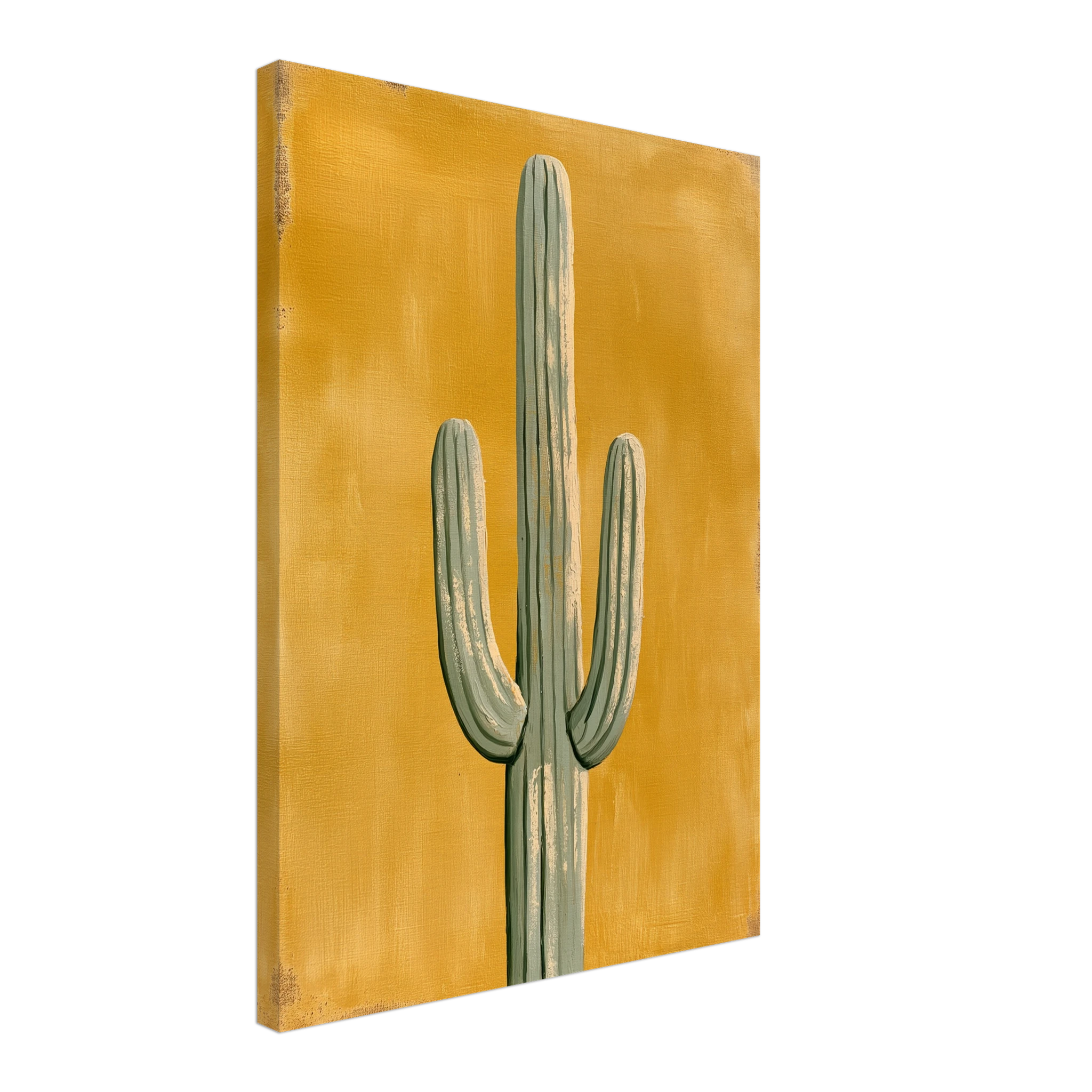 Saguaro Gold — Sonoran Sun canvas print, Saguaro cactus print, sage-green cactus on a mustard-yellow painted background (view 6)