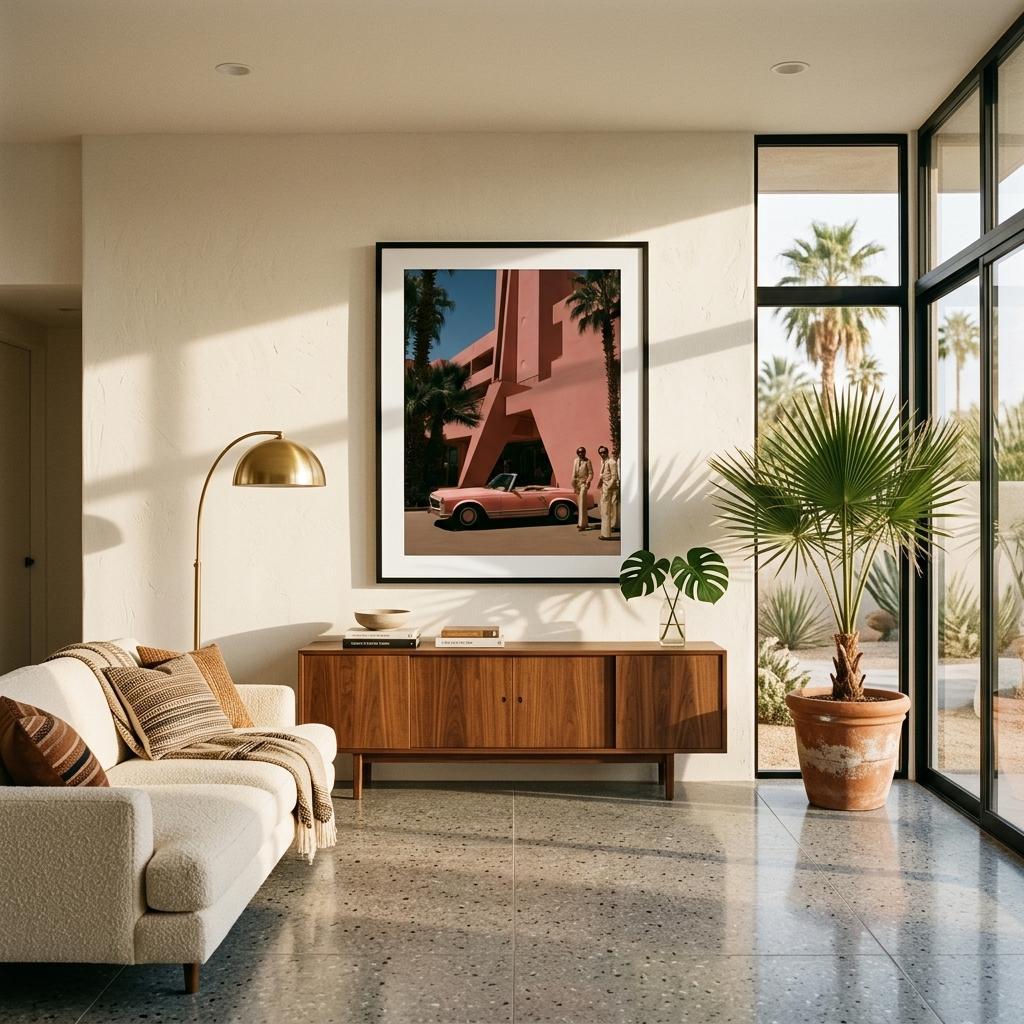 pink mercedes wall art: Pink Mercedes Pagoda outside a blush Palm Springs hotel, framed print, view 12