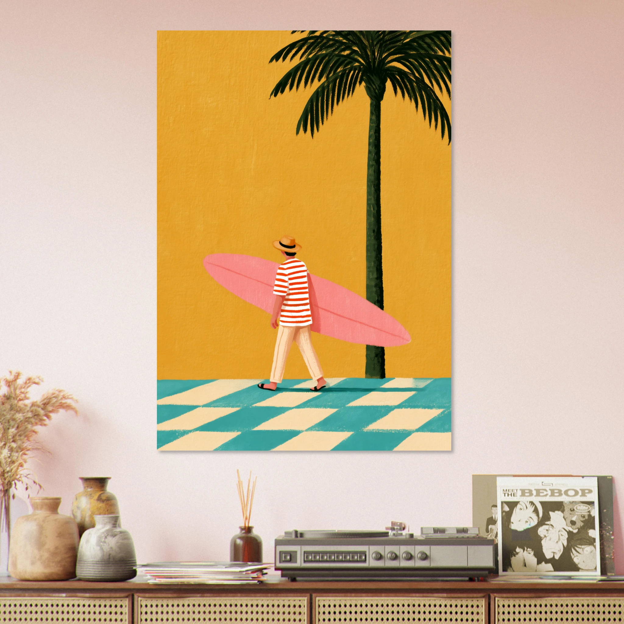 pink surfboard art print, a striped surfer carrying a pink surfboard beside a tall palm on a mustard background (view 3)