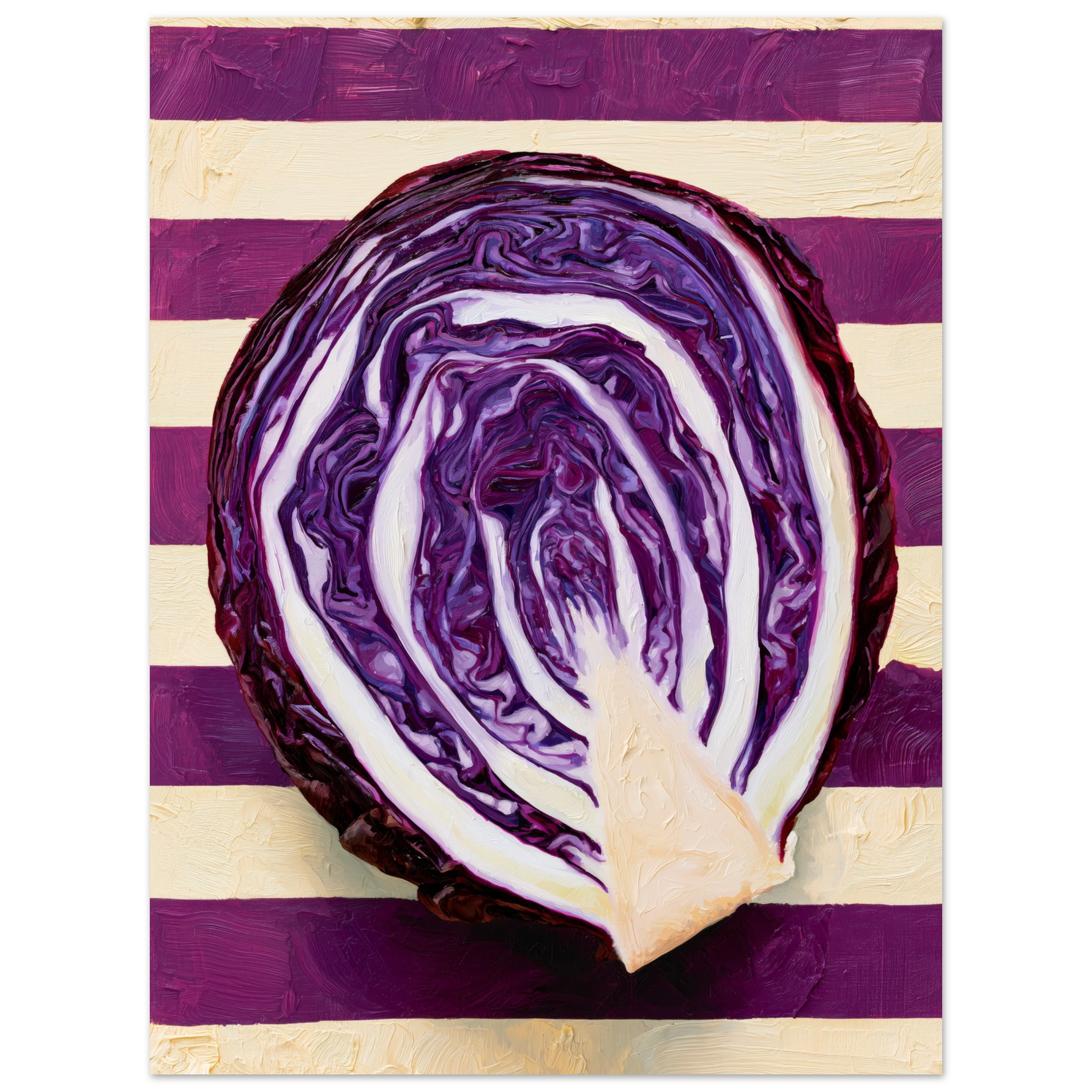 The Red Cabbage matte art print, hyperrealistic oil painting of a halved red cabbage, room mockup 2