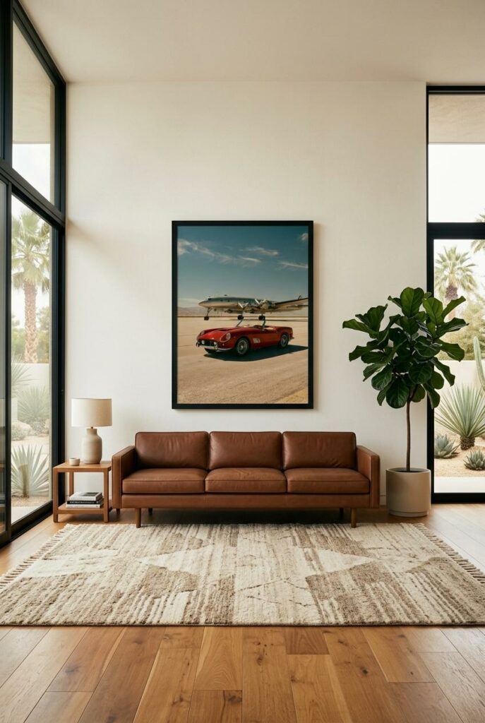 red ferrari framed print: a vintage red Ferrari convertible parked in front of a silver propeller airliner on a desert airfield