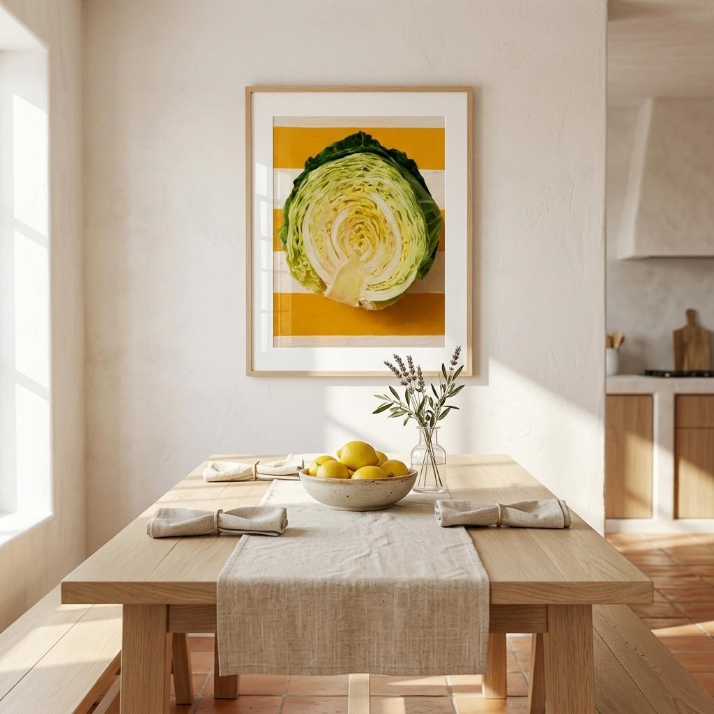 cabbage wall art: halved savoy cabbage on saffron and cream stripes, framed print