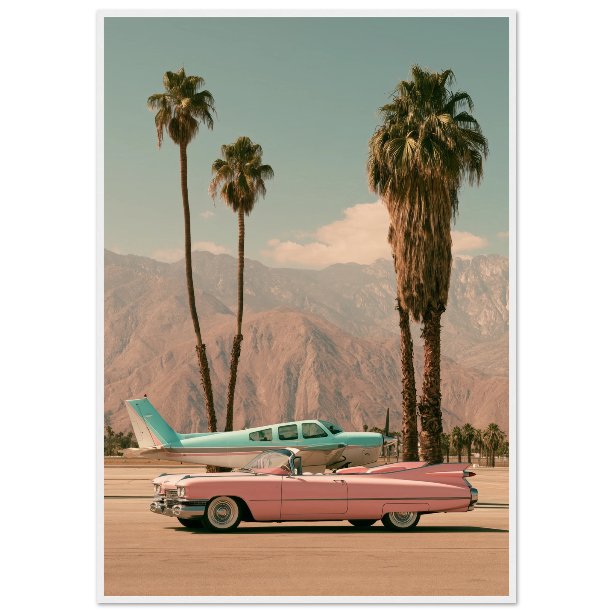 pink cadillac wall art: Pink Cadillac convertible and turquoise vintage plane on a Palm Springs runway with palm trees and mountains, framed print, view 11