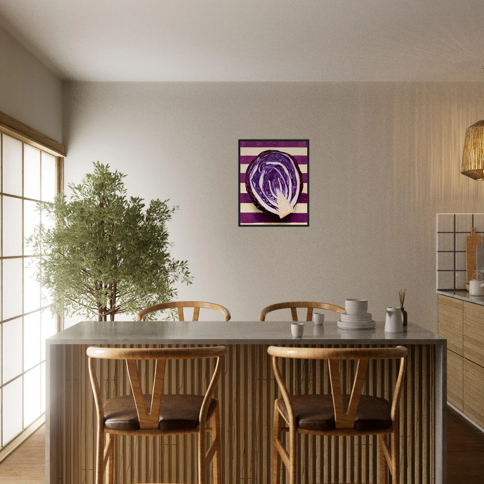 The Red Cabbage framed print, hyperrealistic oil painting of a halved red cabbage on a kitchen wall, room mockup 11