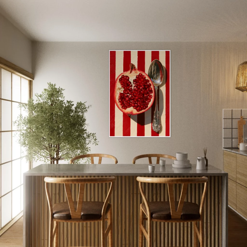 The Blood Pomegranate framed print hung in a dining room with timber chairs and an olive tree | Atelier Marbella