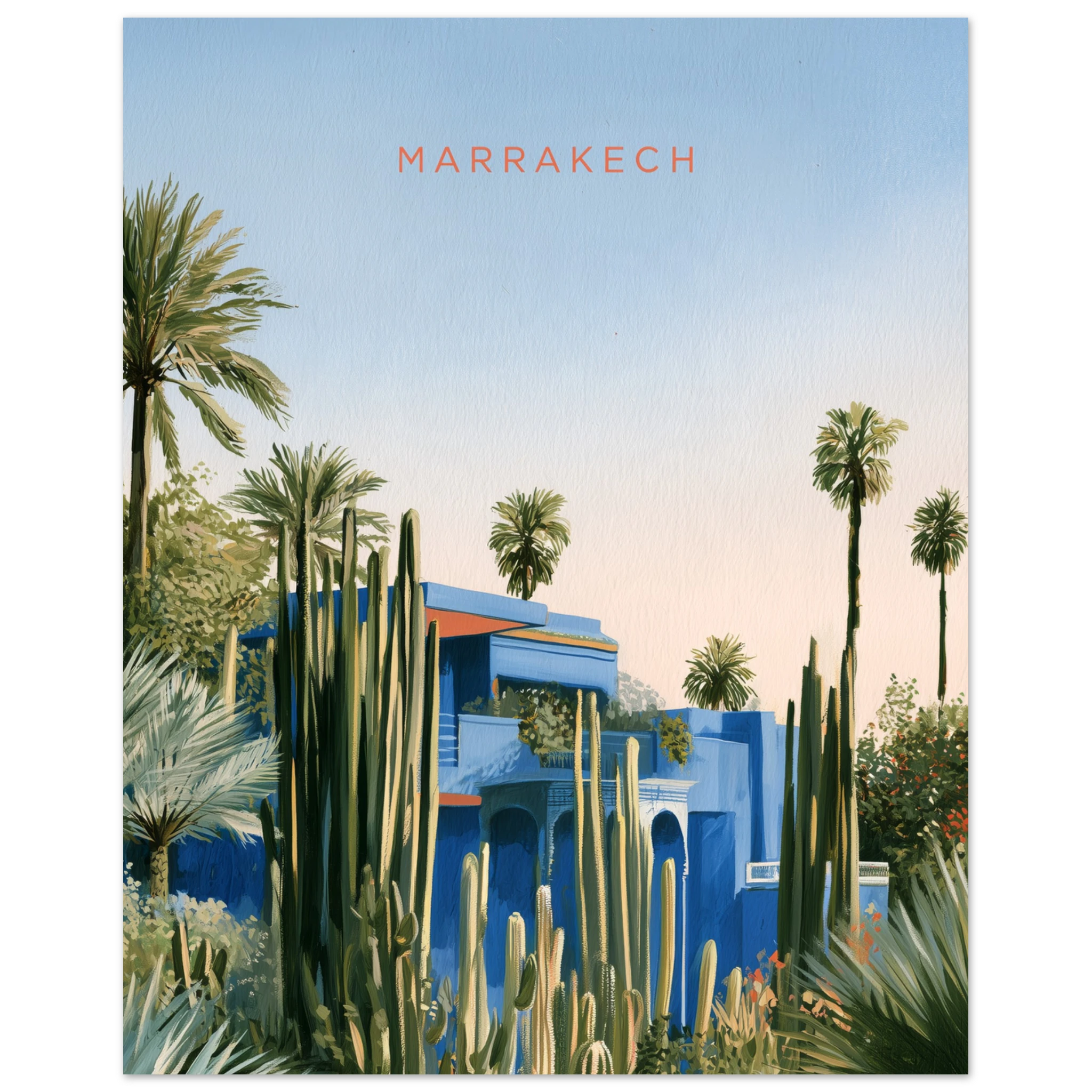 Majorelle Blue Marrakech matte art print, cobalt Majorelle villa with cacti and palms, Marrakech — interior mockup 1