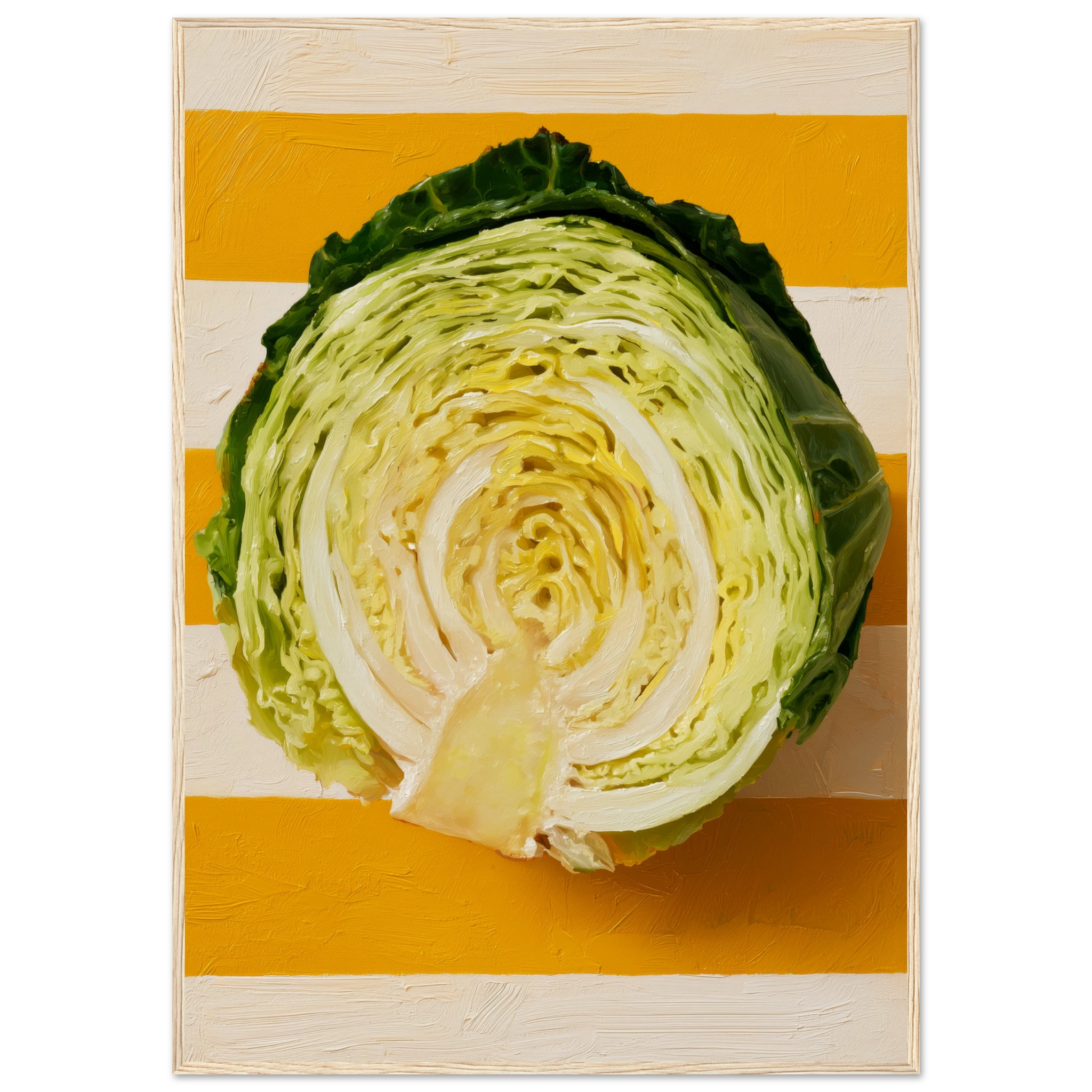cabbage wall art: halved savoy cabbage on saffron and cream stripes, framed print, view 4