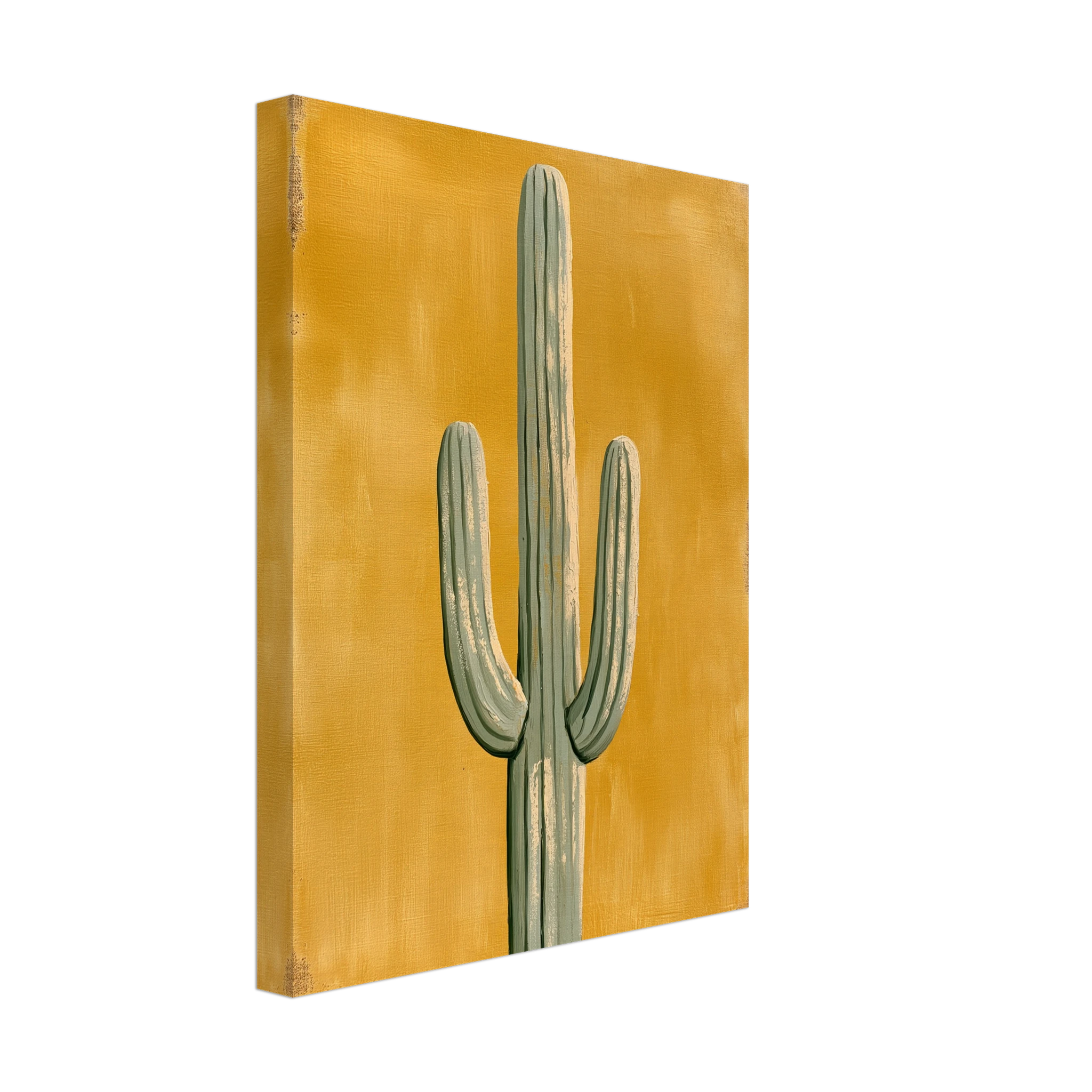 Saguaro Gold — Sonoran Sun canvas print, Saguaro cactus print, sage-green cactus on a mustard-yellow painted background (view 3)