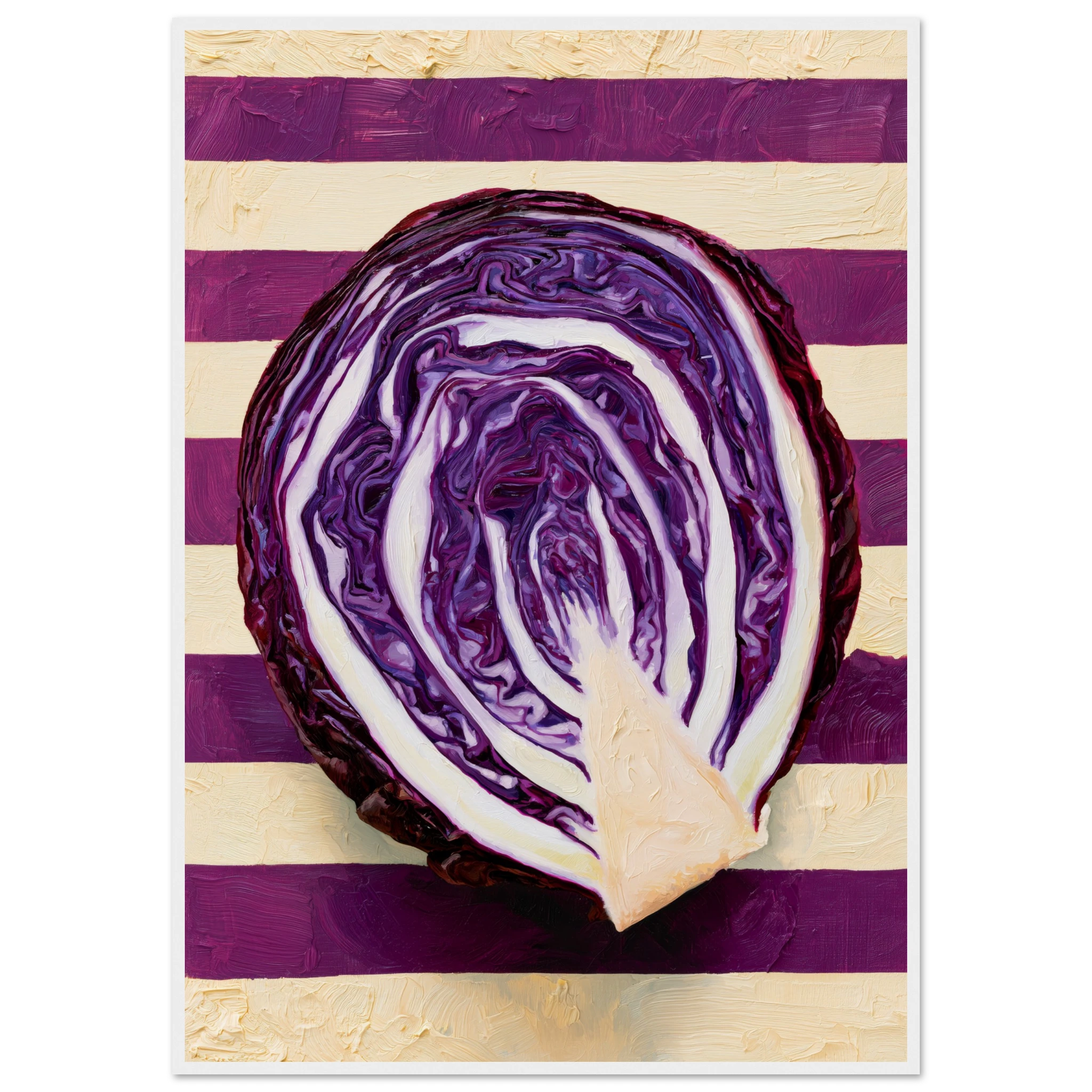 The Red Cabbage framed print, hyperrealistic oil painting of a halved red cabbage on a kitchen wall, room mockup 5
