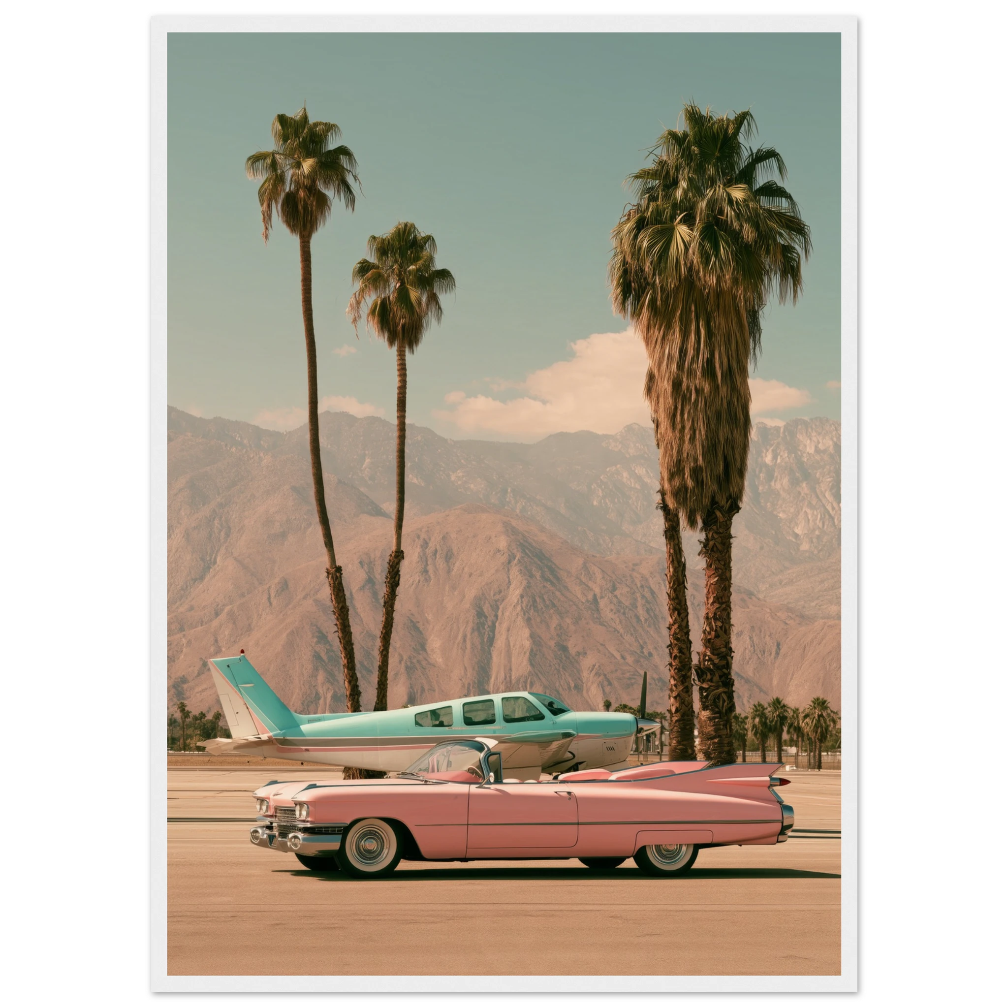 pink cadillac wall art: Pink Cadillac convertible and turquoise vintage plane on a Palm Springs runway with palm trees and mountains, framed print, view 8