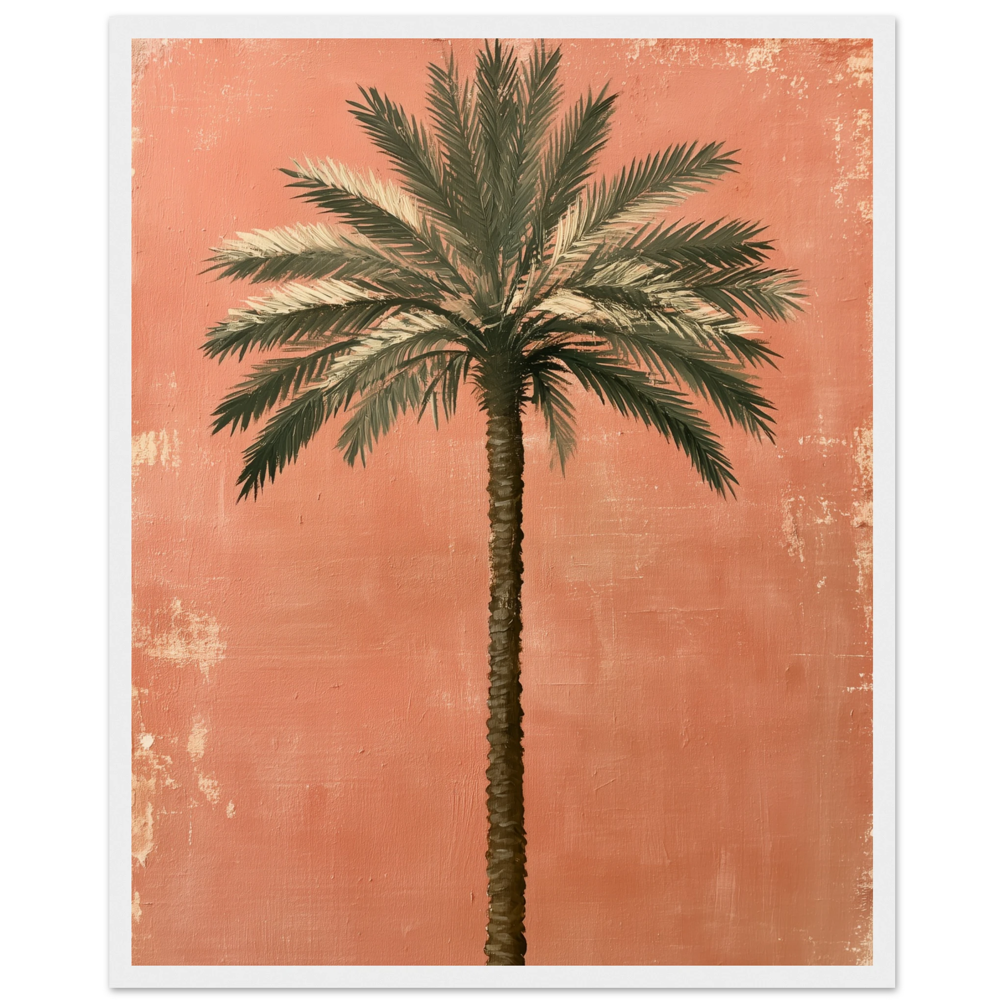 palm tree wall art: Single date palm tree painted on a weathered terracotta wall, framed print, view 5