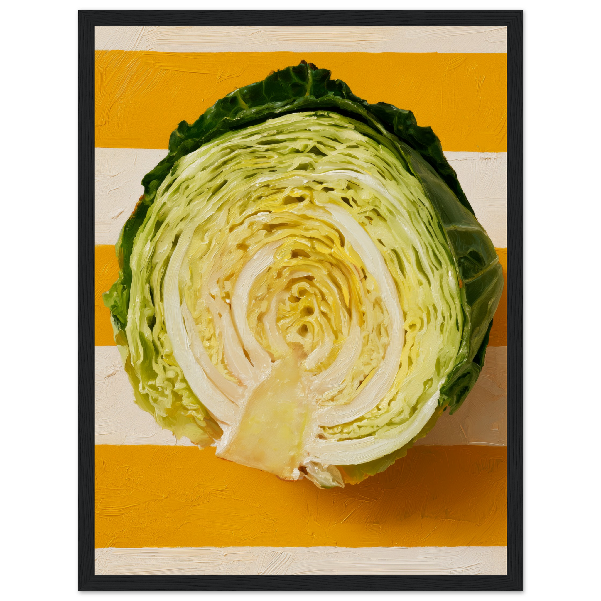 cabbage wall art: halved savoy cabbage on saffron and cream stripes, framed print, view 11