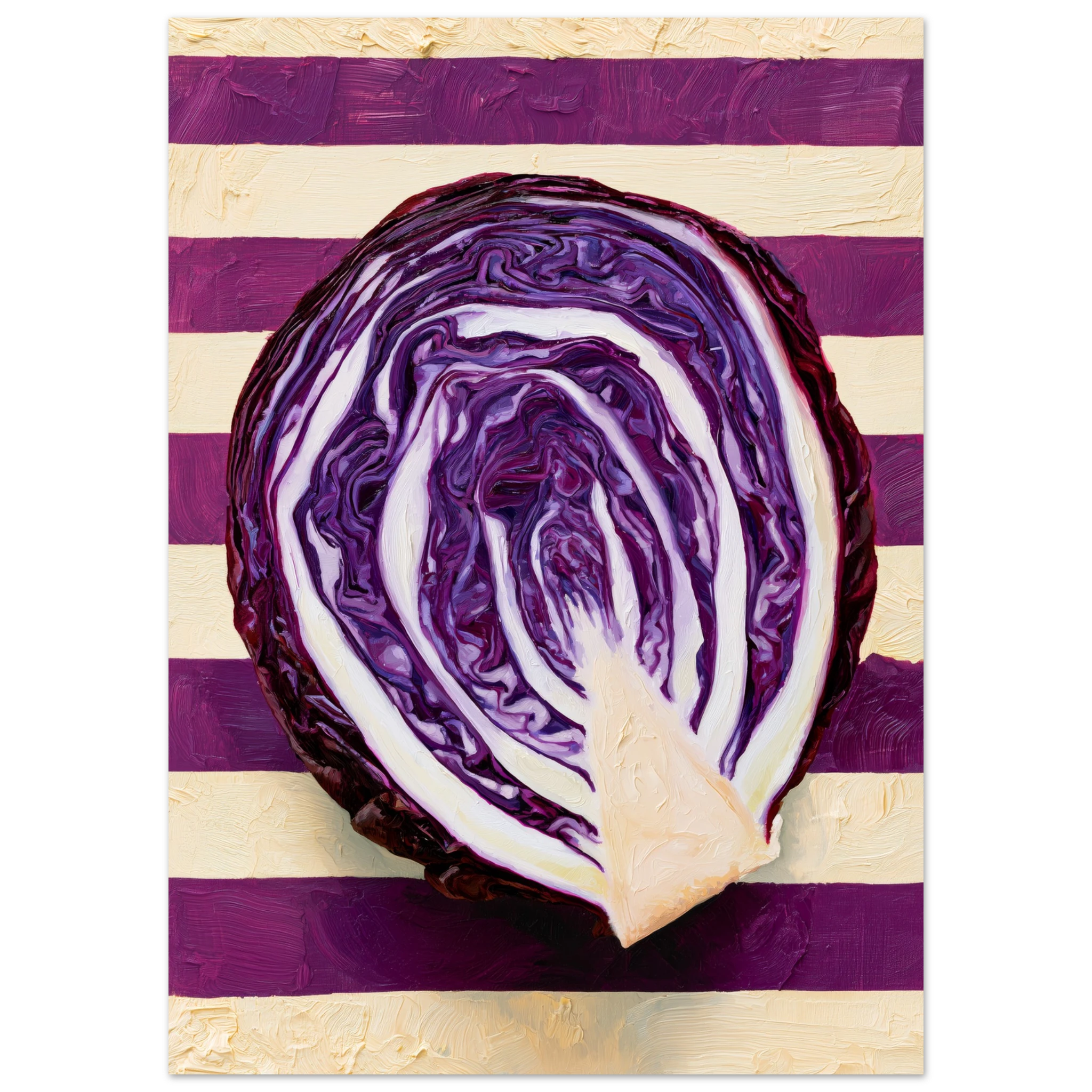 The Red Cabbage matte art print, hyperrealistic oil painting of a halved red cabbage, room mockup 5