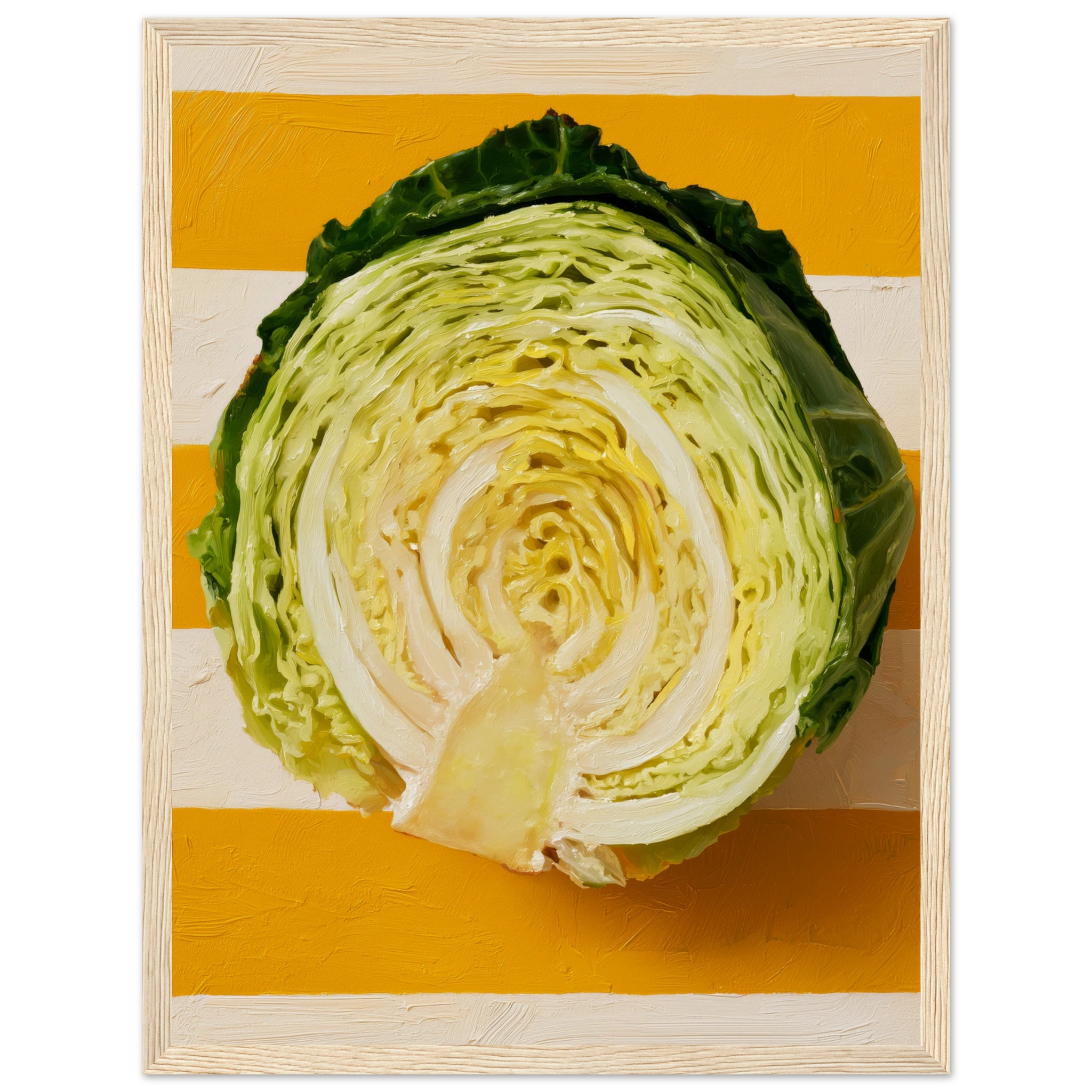 cabbage wall art: halved savoy cabbage on saffron and cream stripes, framed print, view 10