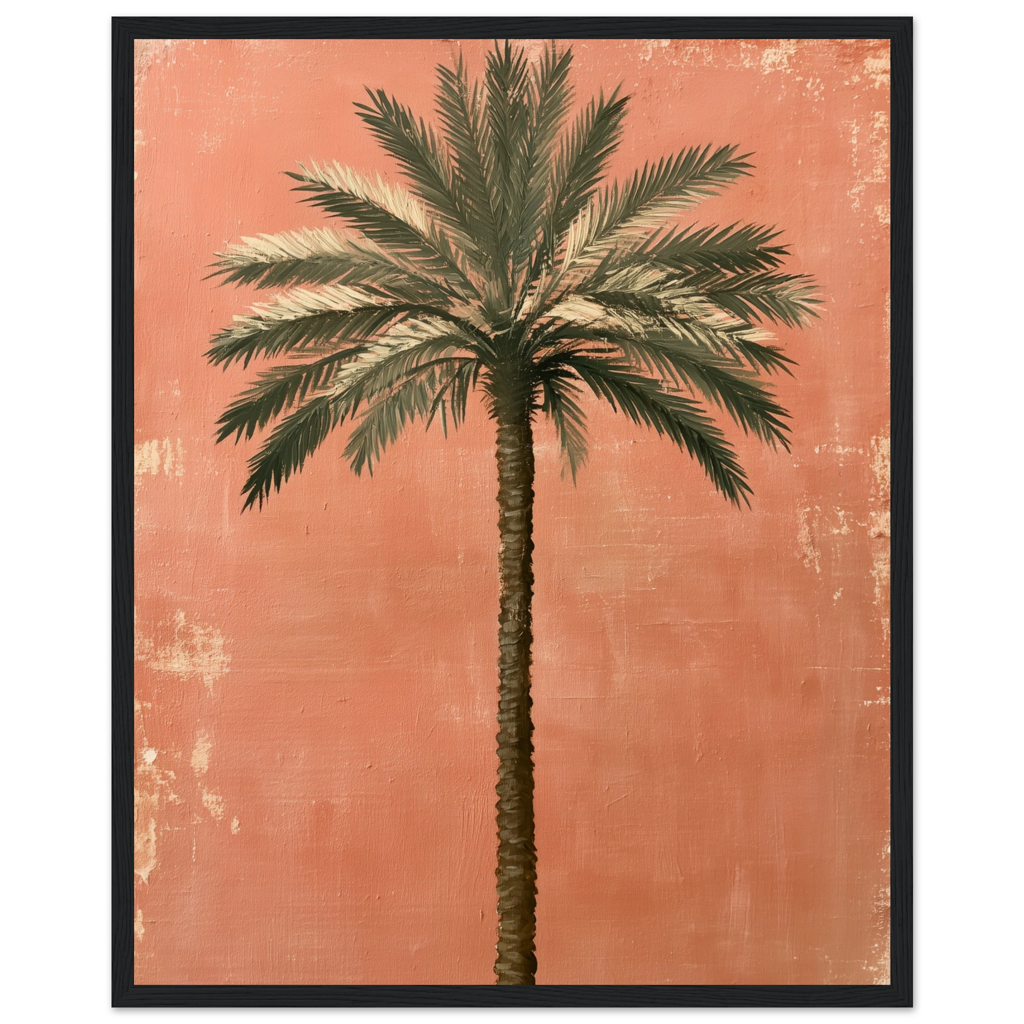 palm tree wall art: Single date palm tree painted on a weathered terracotta wall, framed print, view 8