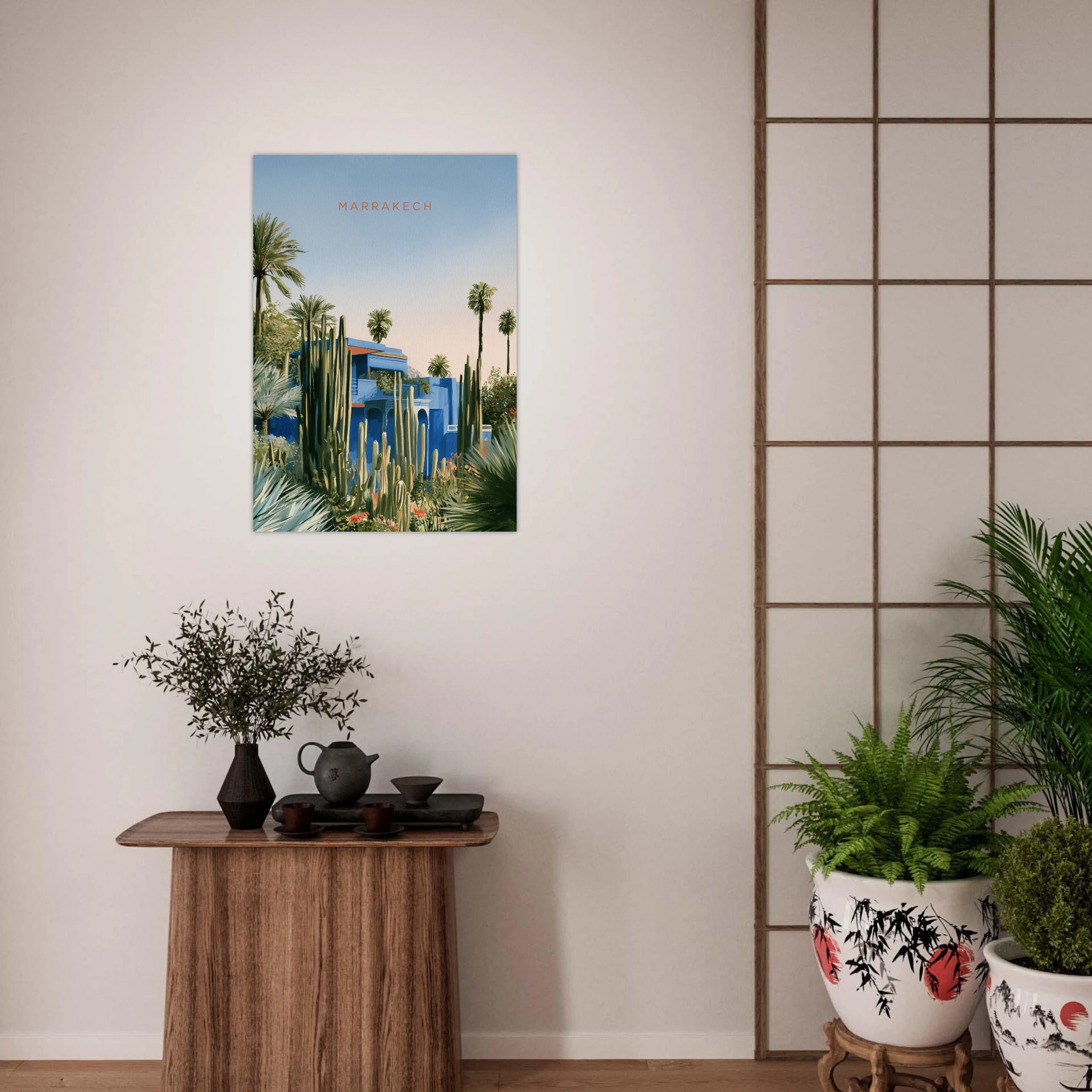 Majorelle Blue Marrakech matte art print, cobalt Majorelle villa with cacti and palms, Marrakech — interior mockup 4