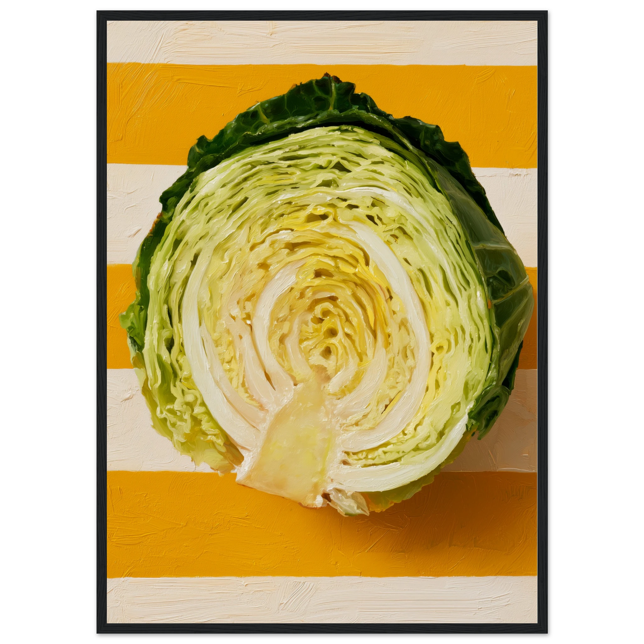 cabbage wall art: halved savoy cabbage on saffron and cream stripes, framed print, view 9