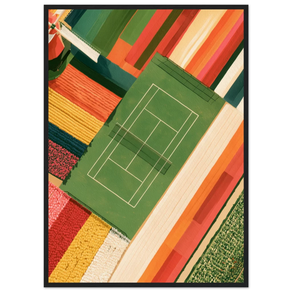 Tulip Court — Keukenhof framed print mockup 1, tennis wall art — a bird's-eye view of a tennis court set in diagonal rows of red, orange, yellow and green tulips