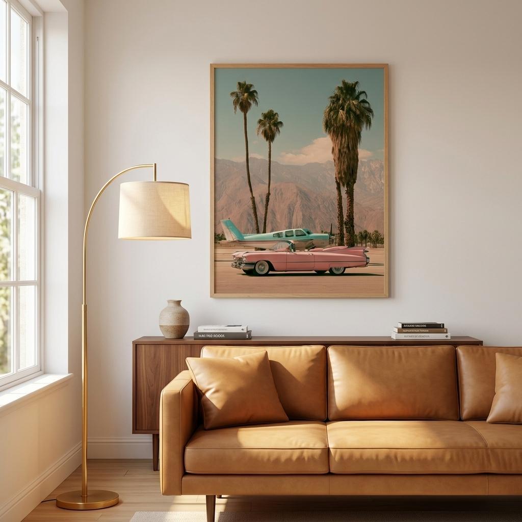 palm springs runway framed print: Palm Springs Runway, a pink Cadillac, a vintage plane and tall palms in the desert