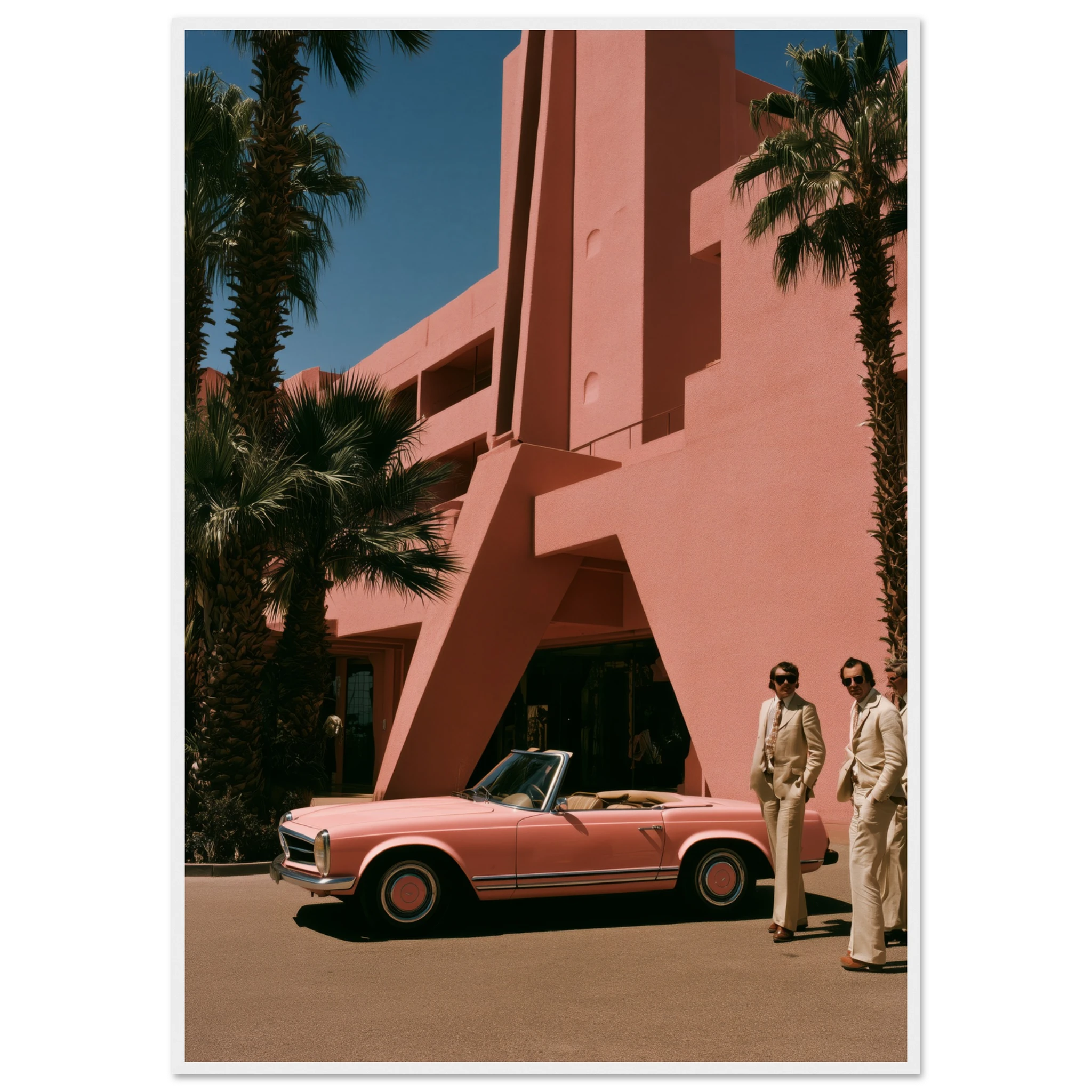 pink mercedes wall art: Pink Mercedes Pagoda outside a blush Palm Springs hotel, framed print, view 10
