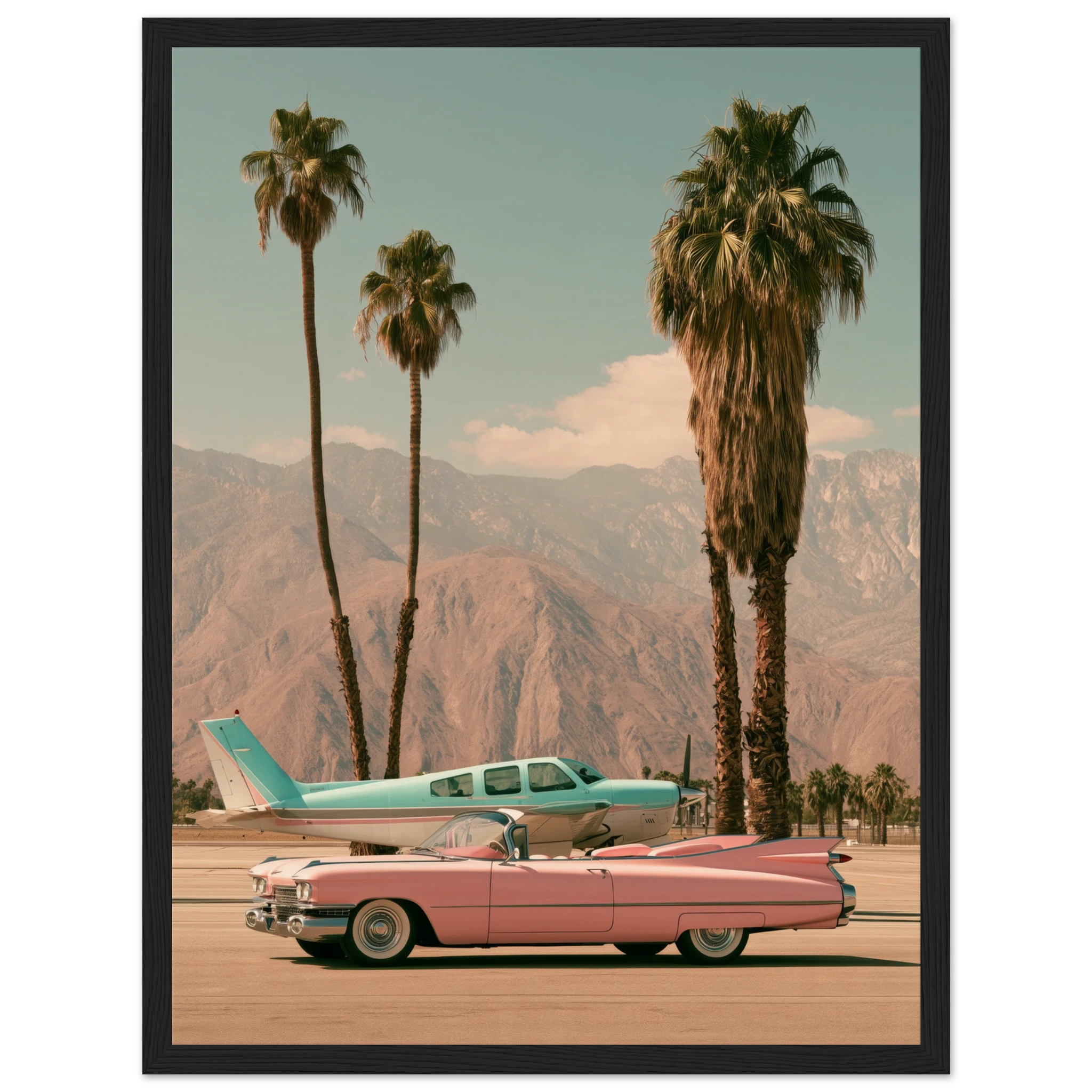 pink cadillac wall art: Pink Cadillac convertible and turquoise vintage plane on a Palm Springs runway with palm trees and mountains, framed print, view 2
