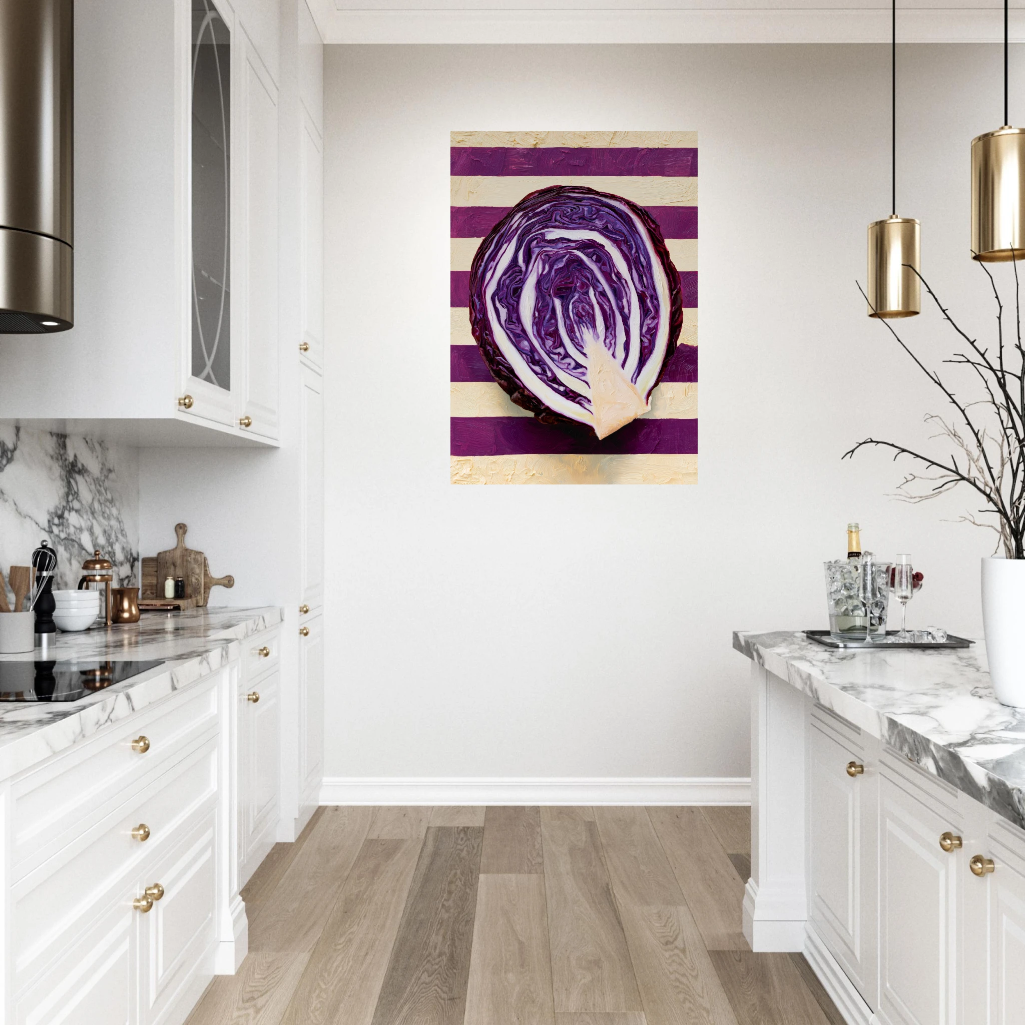The Red Cabbage matte art print, hyperrealistic oil painting of a halved red cabbage, room mockup 3