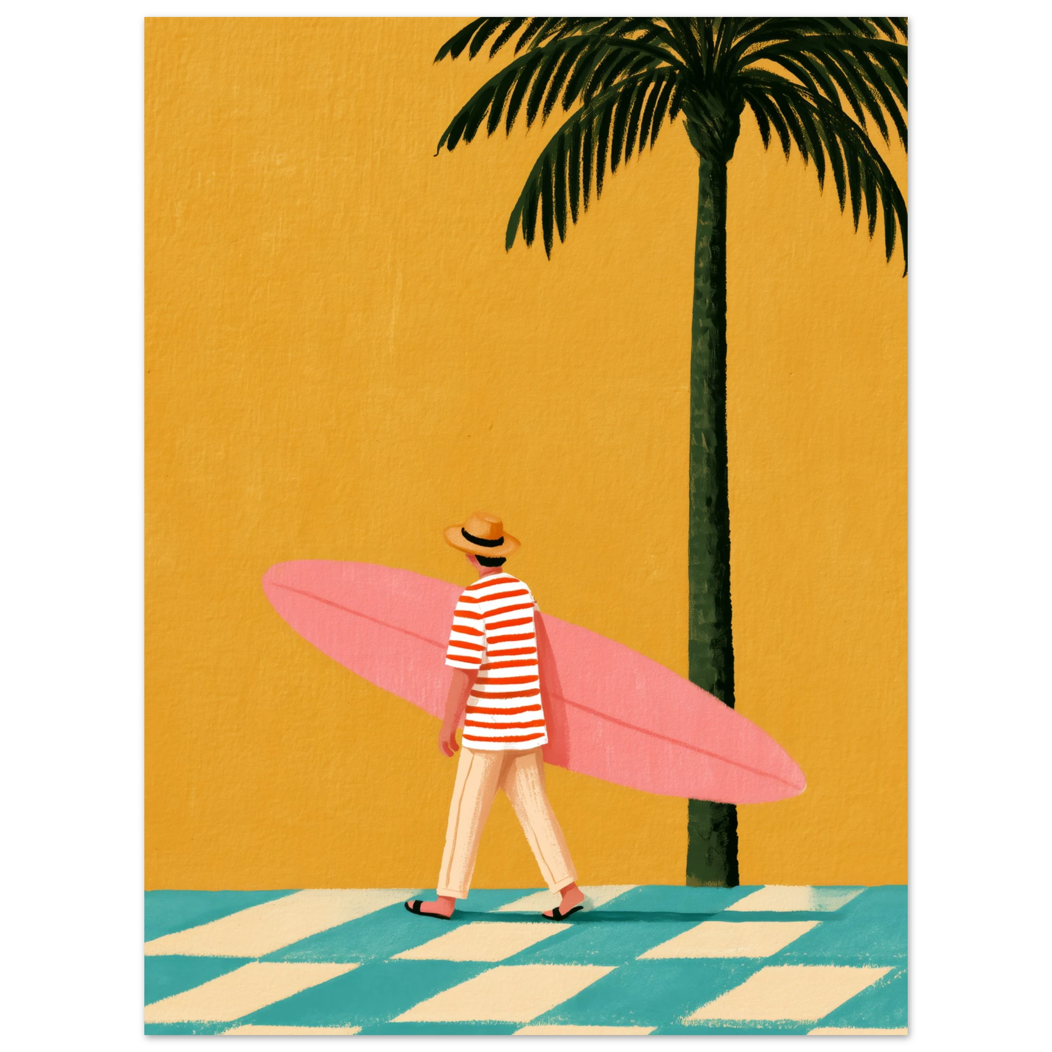 pink surfboard art print, a striped surfer carrying a pink surfboard beside a tall palm on a mustard background (view 6)