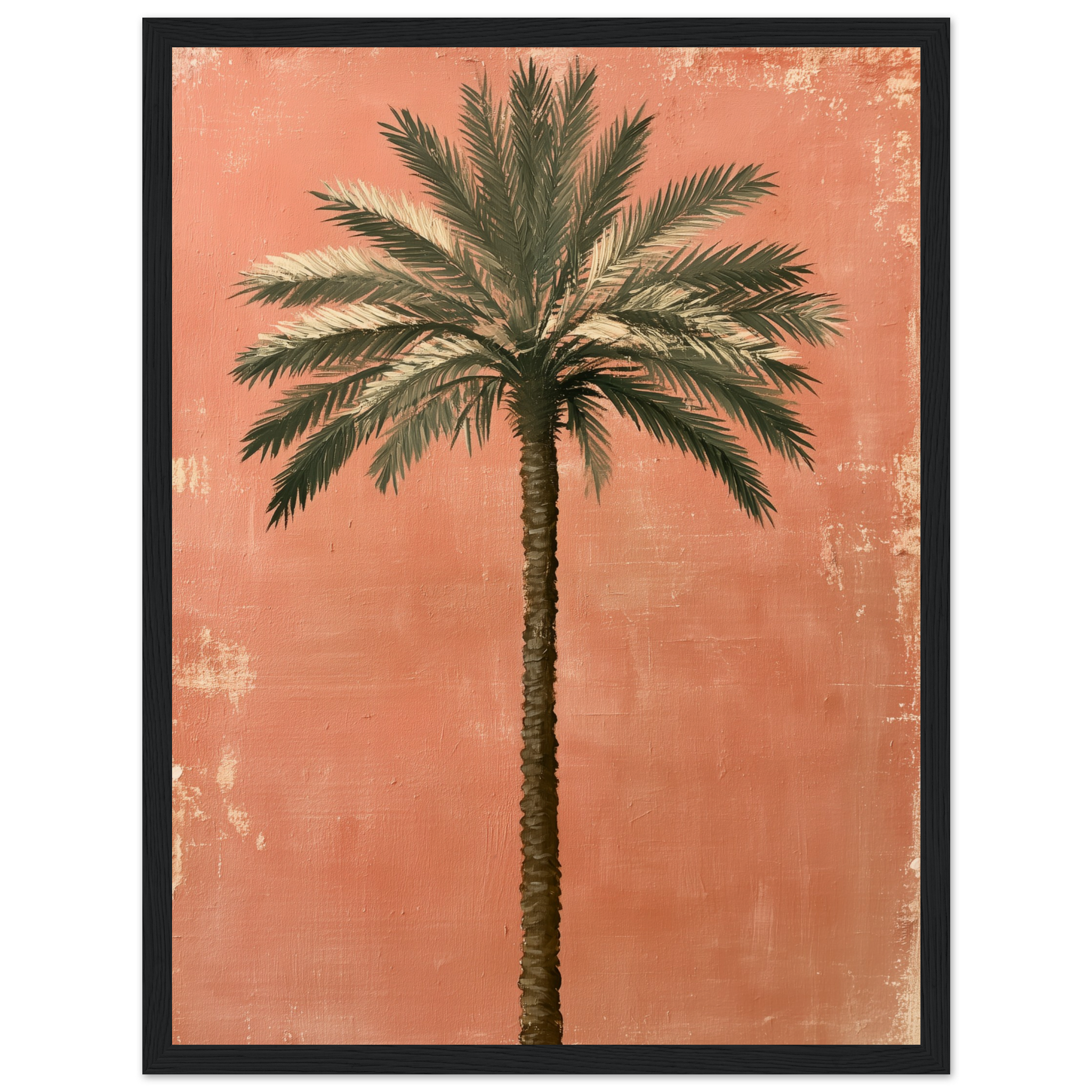palm tree wall art: Single date palm tree painted on a weathered terracotta wall, framed print, view 10