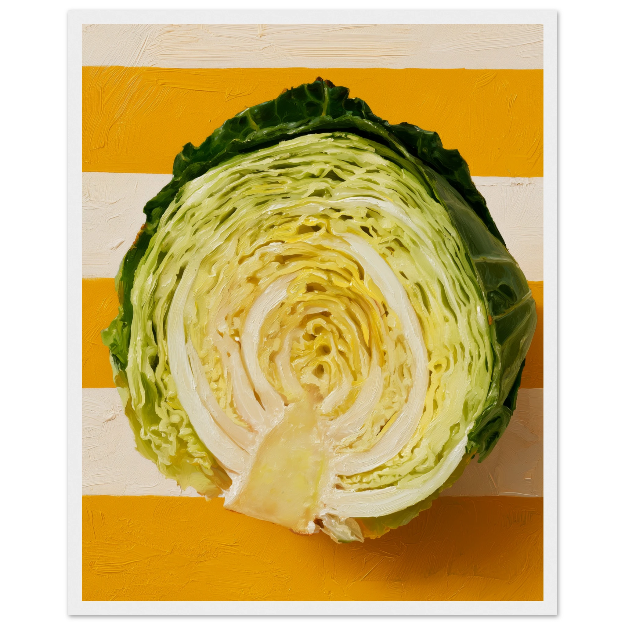 cabbage wall art: halved savoy cabbage on saffron and cream stripes, framed print, view 2
