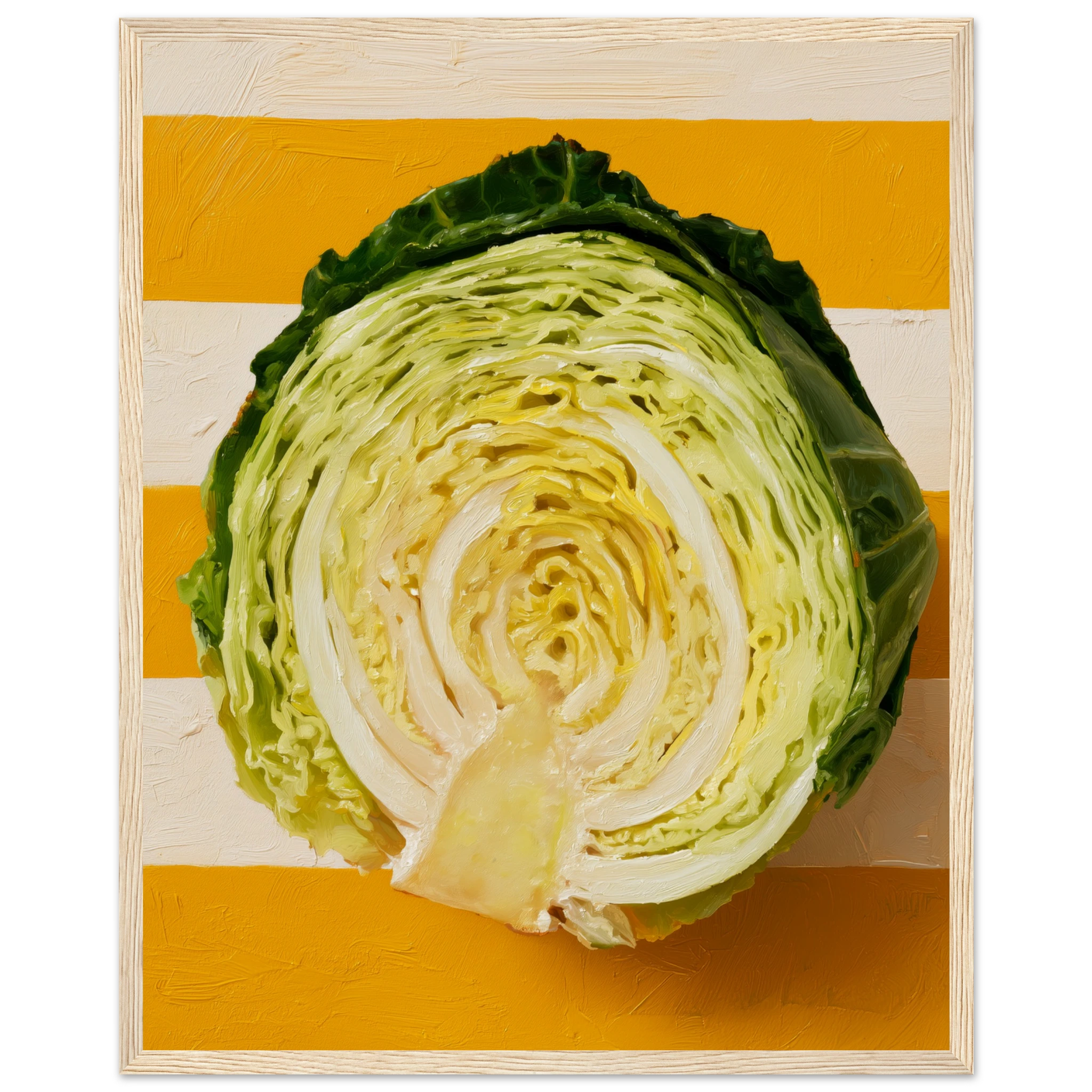cabbage wall art: halved savoy cabbage on saffron and cream stripes, framed print, view 7