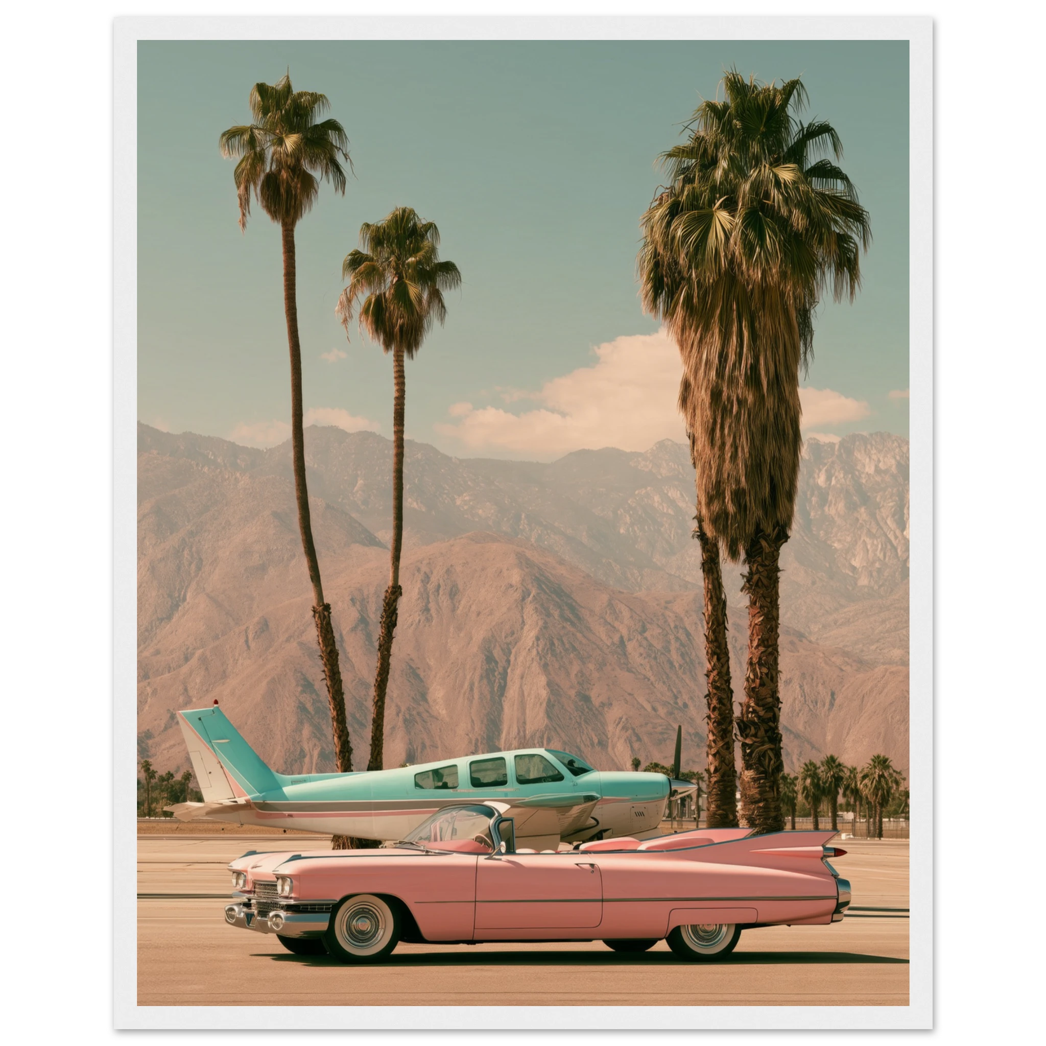 pink cadillac wall art: Pink Cadillac convertible and turquoise vintage plane on a Palm Springs runway with palm trees and mountains, framed print, view 7