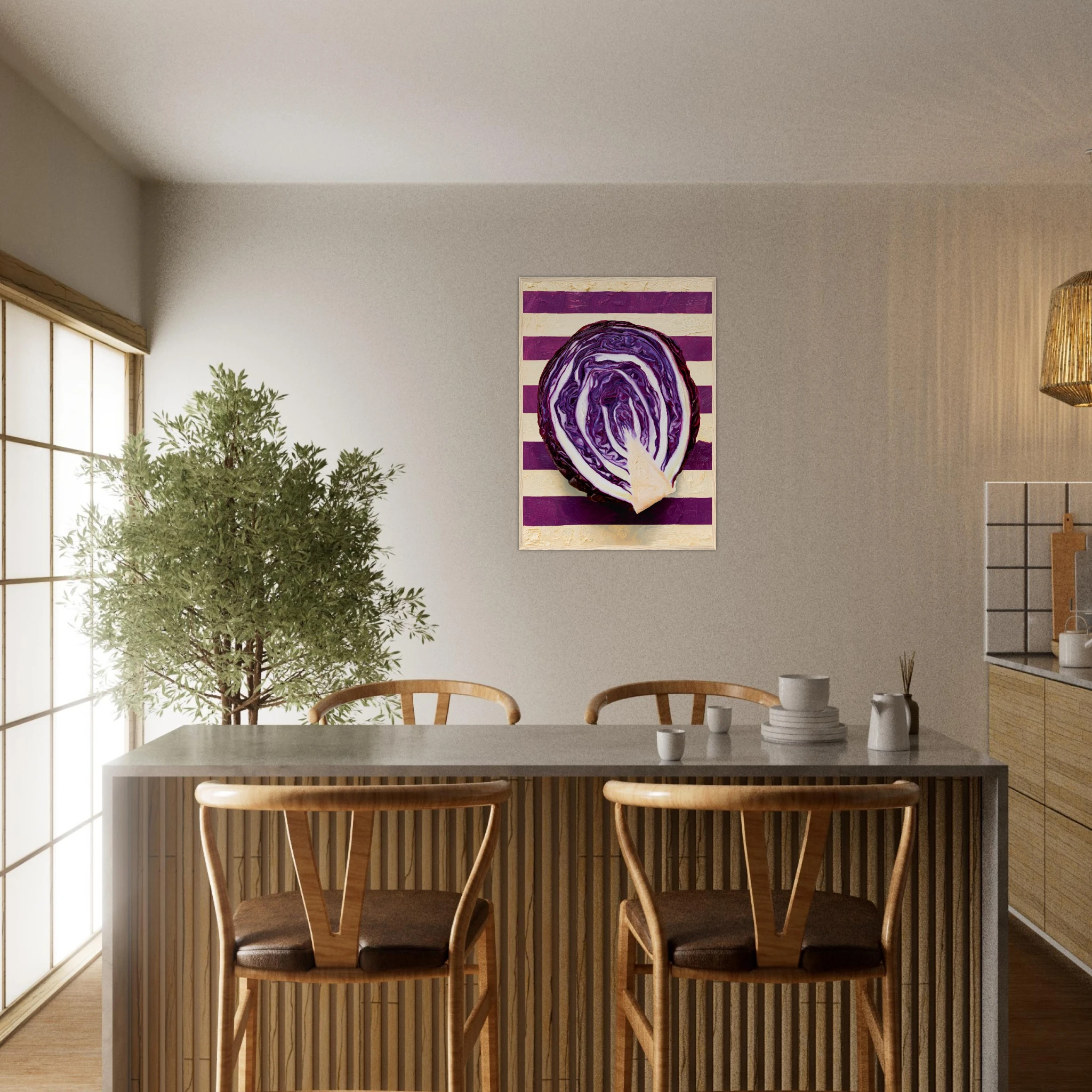 The Red Cabbage framed print, hyperrealistic oil painting of a halved red cabbage on a kitchen wall, room mockup 12