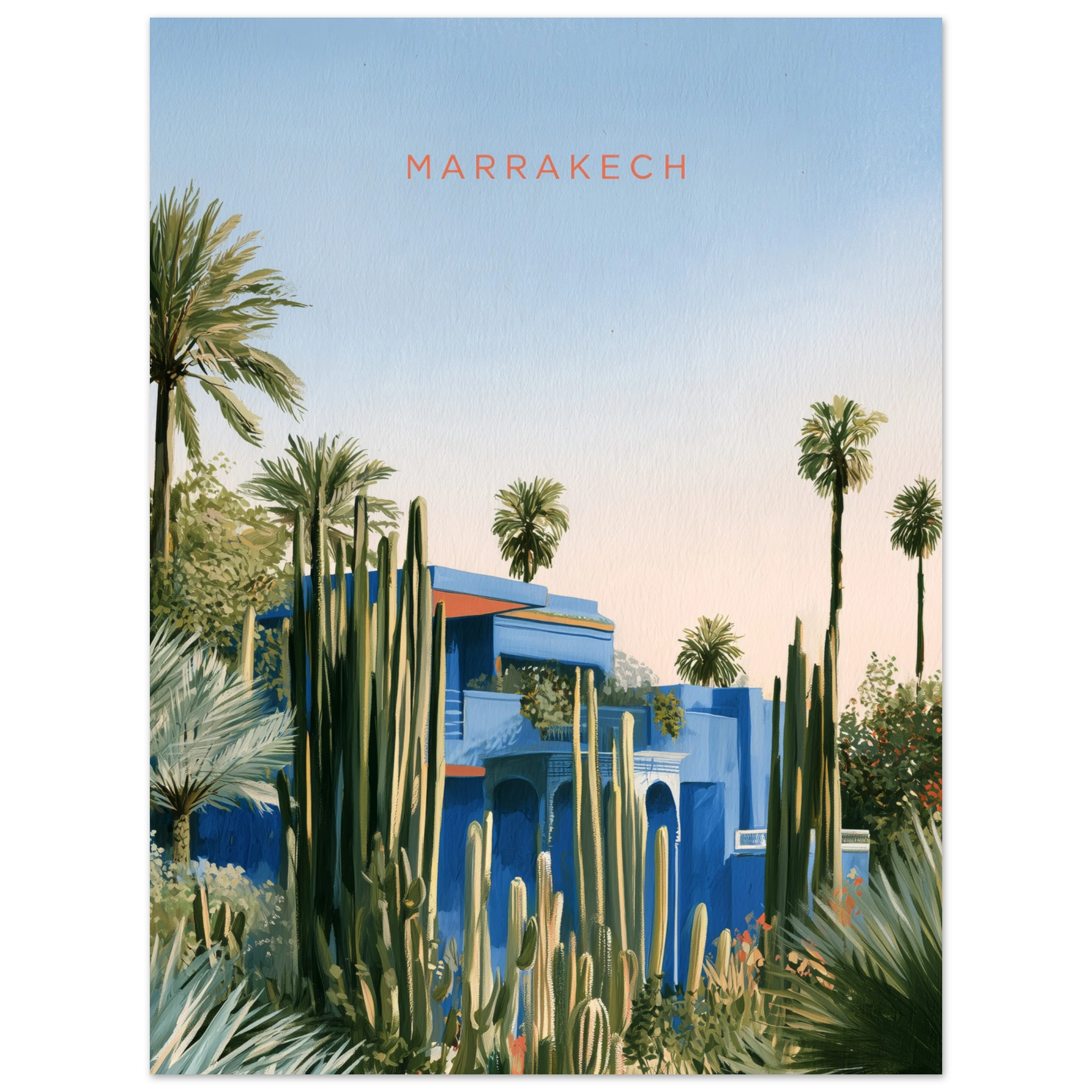 Majorelle Blue Marrakech matte art print, cobalt Majorelle villa with cacti and palms, Marrakech — interior mockup 3